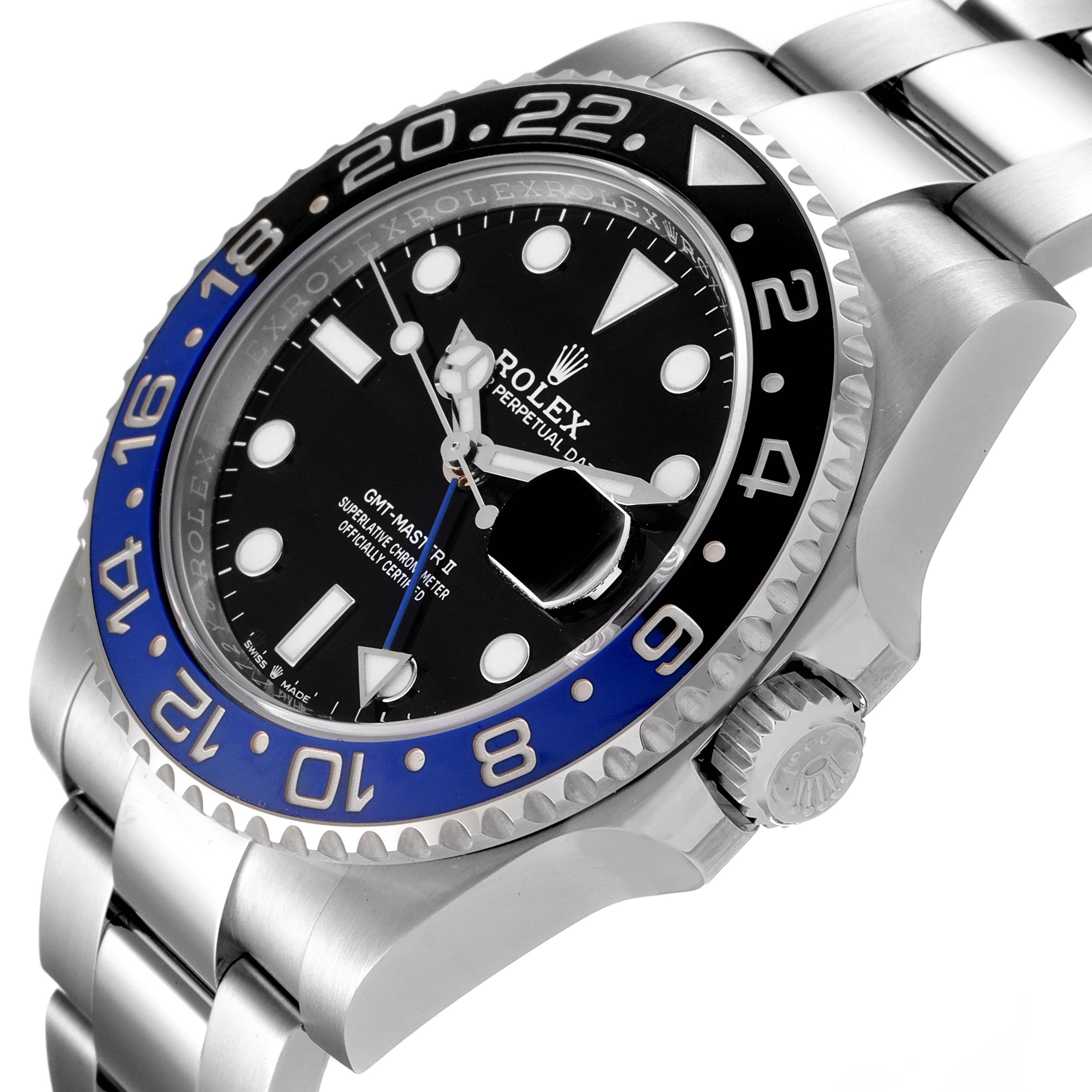 The image shows a close-up angled view of the face and crown of the Rolex GMT-Master 126710 Men
s Stainless Steel Black Dial 126710 Men
s Stainless Steel Black Dial II watch.