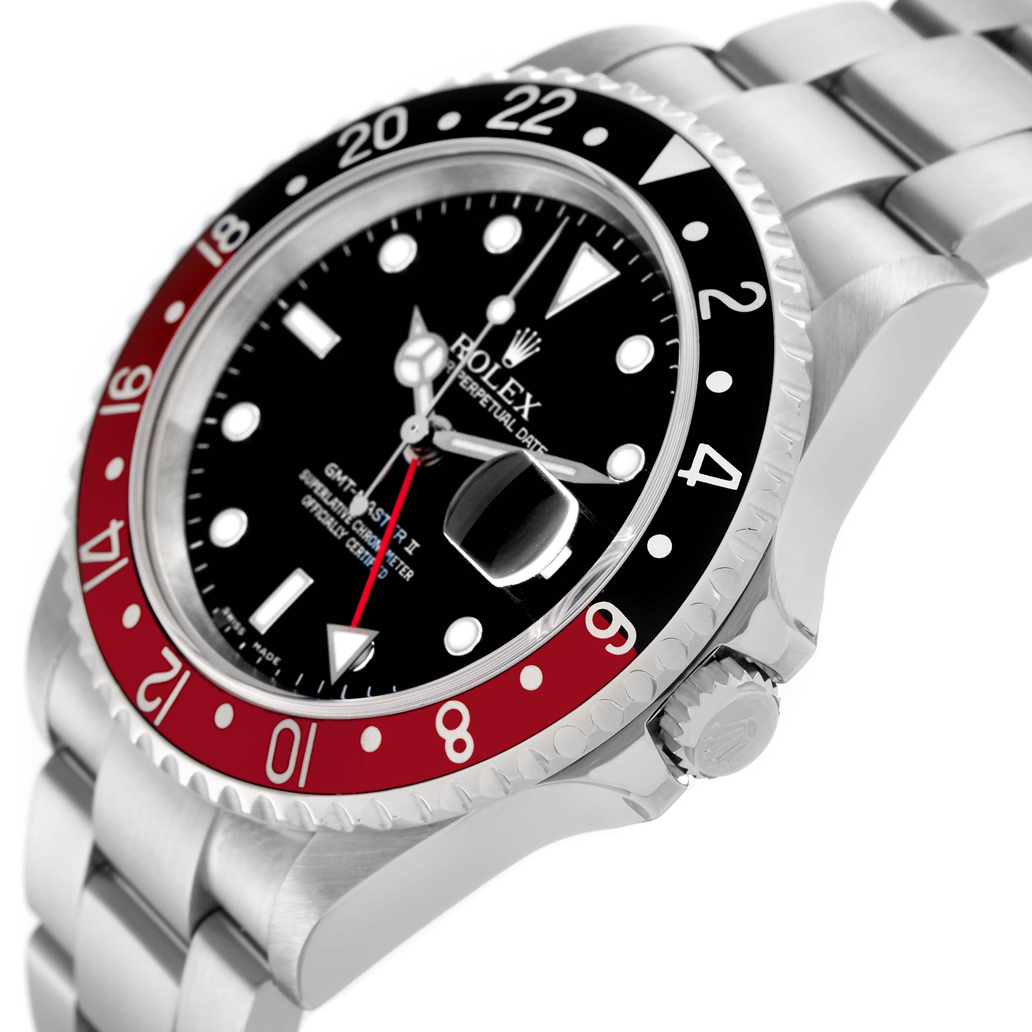 The Rolex GMT-Master 16710 Men
s Stainless Steel Black Dial 16710 Men
s Stainless Steel Black Dial watch is shown at an angle highlighting the bezel, dial, and part of the bracelet.