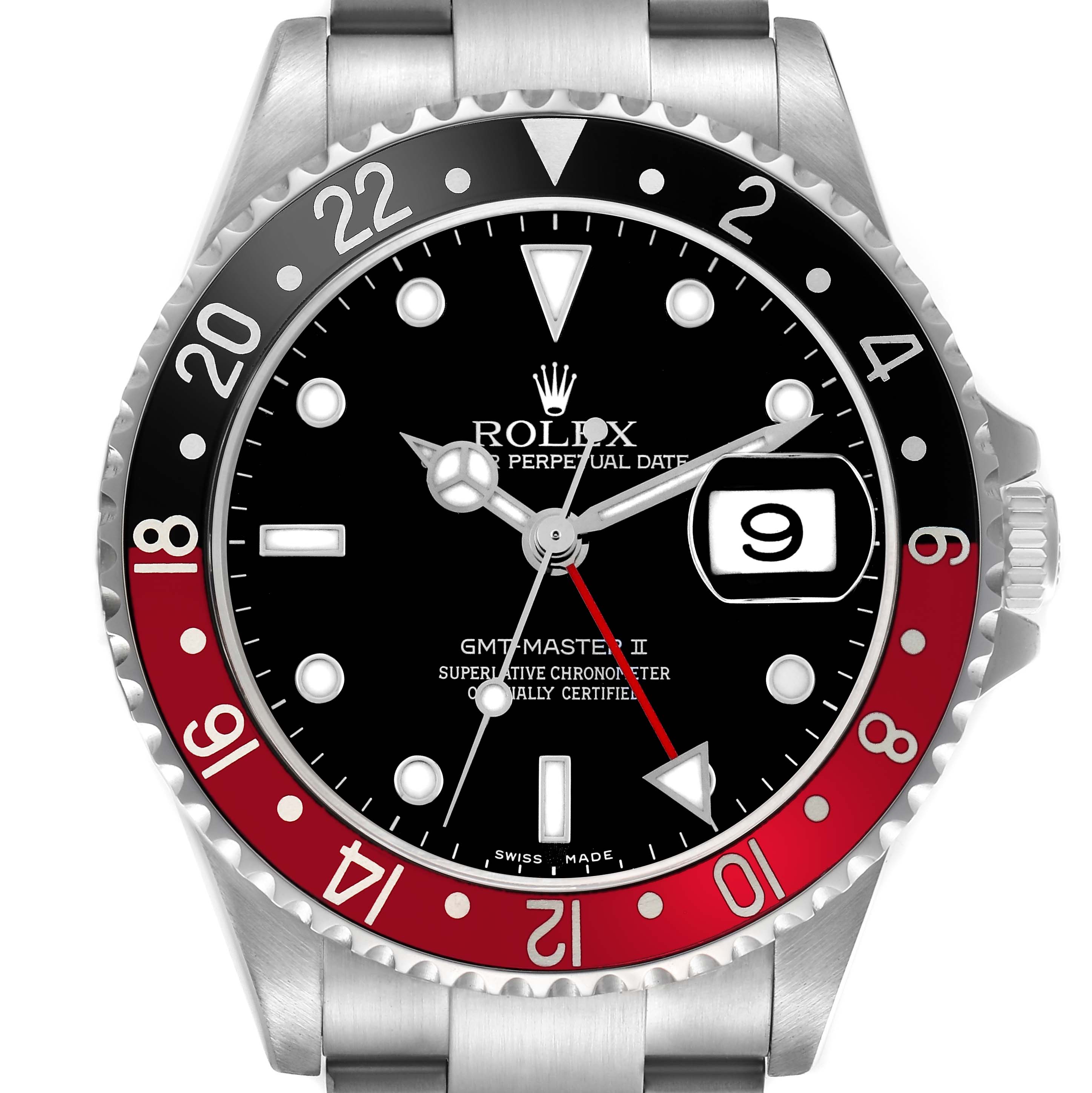 The image shows a frontal view of the Rolex GMT-Master 16710 Men
s Stainless Steel Black Dial 16710 Men
s Stainless Steel Black Dial II, highlighting the bezel, dial, hands, indices, and bracelet top.