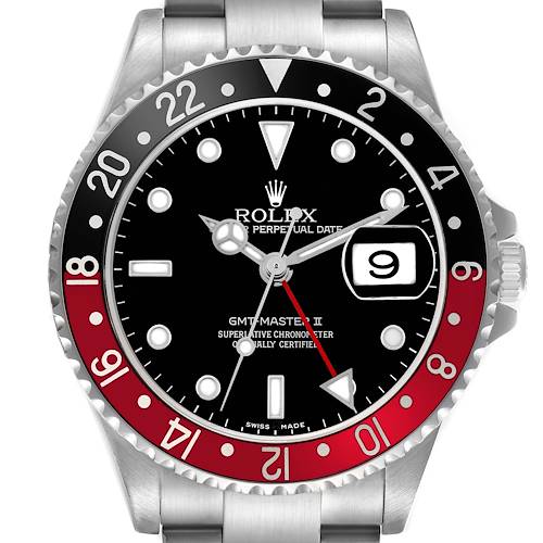 The image shows a front view of the Rolex GMT-Master II watch, displaying the dial, bezel, and part of the bracelet.