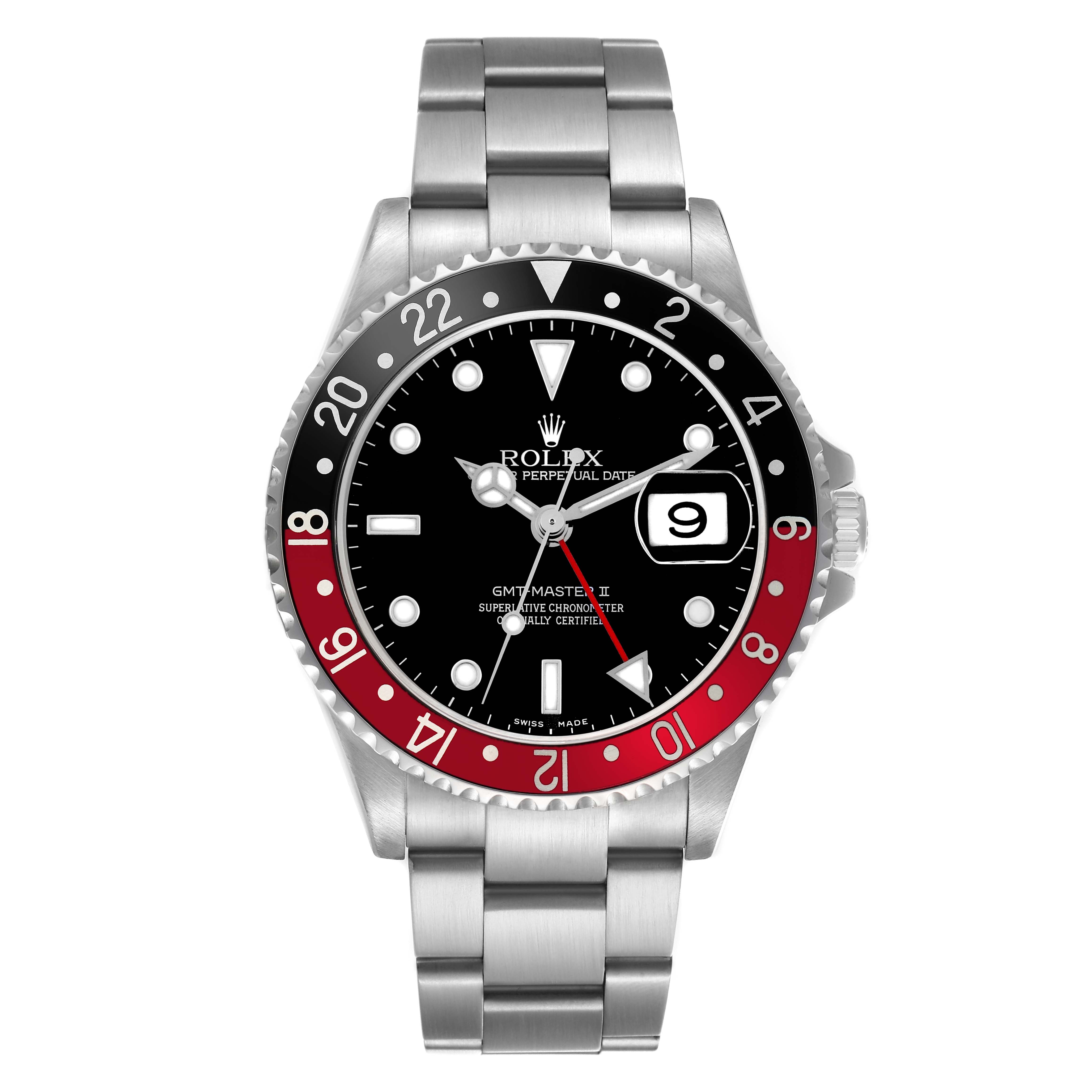 The Rolex GMT-Master 16710 Men
s Stainless Steel Black Dial 16710 Men
s Stainless Steel Black Dial watch is shown from the front, displaying its bezel, dial, and bracelet.
