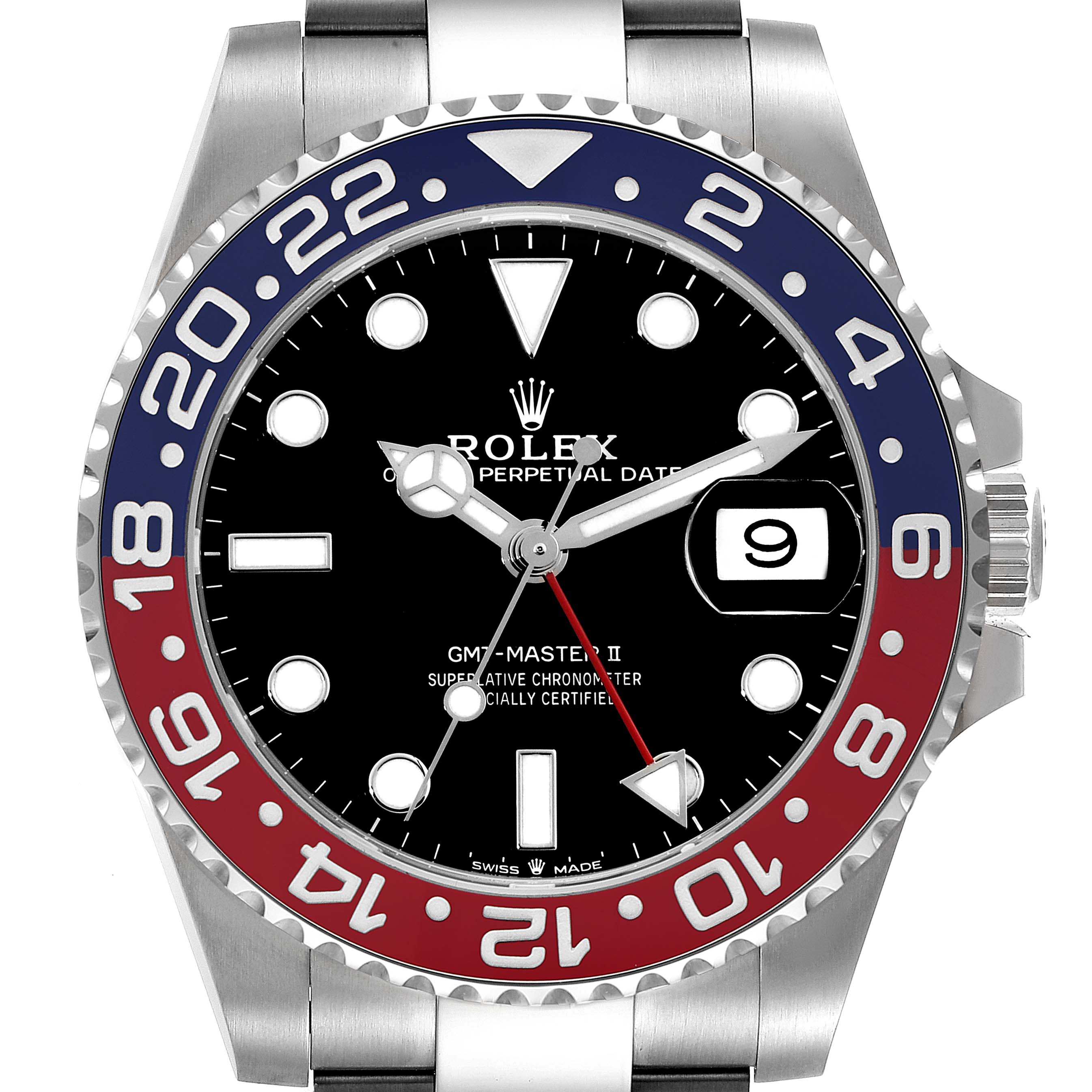 This image shows a front view of the Rolex GMT-Master 126710 Men
s Stainless Steel Black Dial 126710 Men
s Stainless Steel Black Dial II watch, displaying the bezel, dial, hands, and date window.