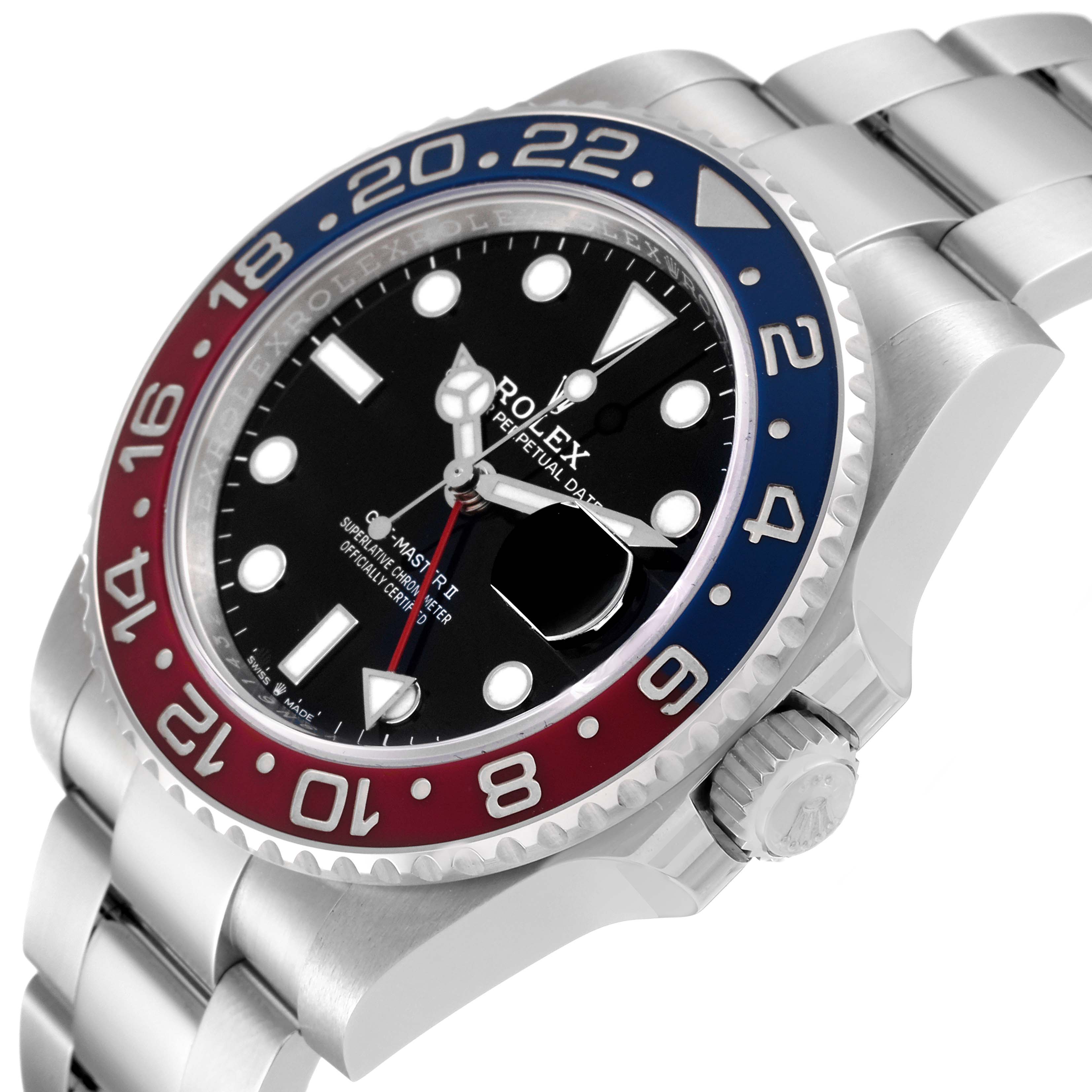The image shows a side angle of a Rolex GMT-Master 126710 Men
s Stainless Steel Black Dial 126710 Men
s Stainless Steel Black Dial watch, highlighting the bezel, dial, crown, and bracelet.