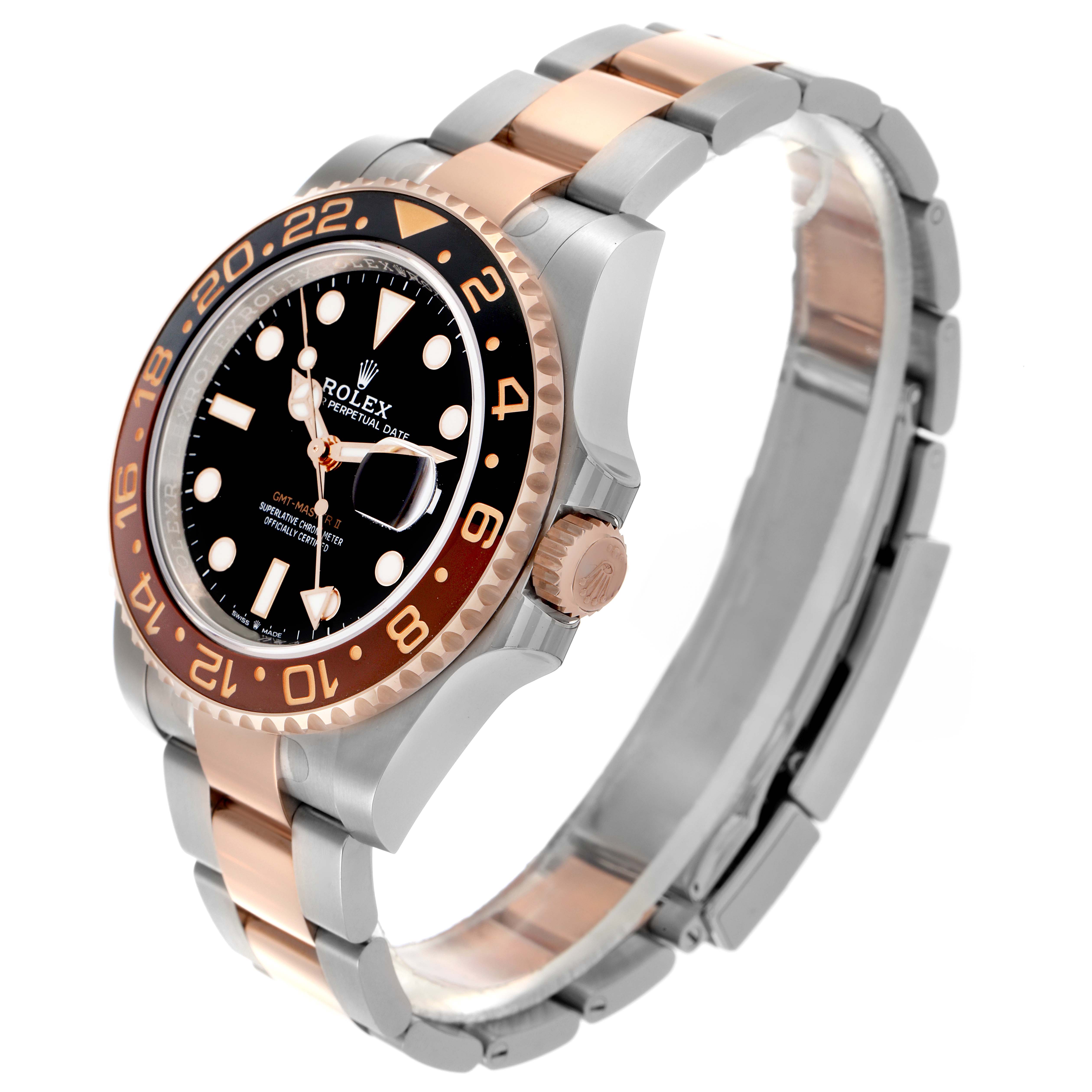 The Rolex GMT-Master 126711CHNR Men
s Steel and Gold (two tone) Black Dial 126711CHNR Men
s Steel and Gold (two tone) Black Dial watch is shown at a three-quarter angle, displaying the case, bracelet, bezel, and crown.