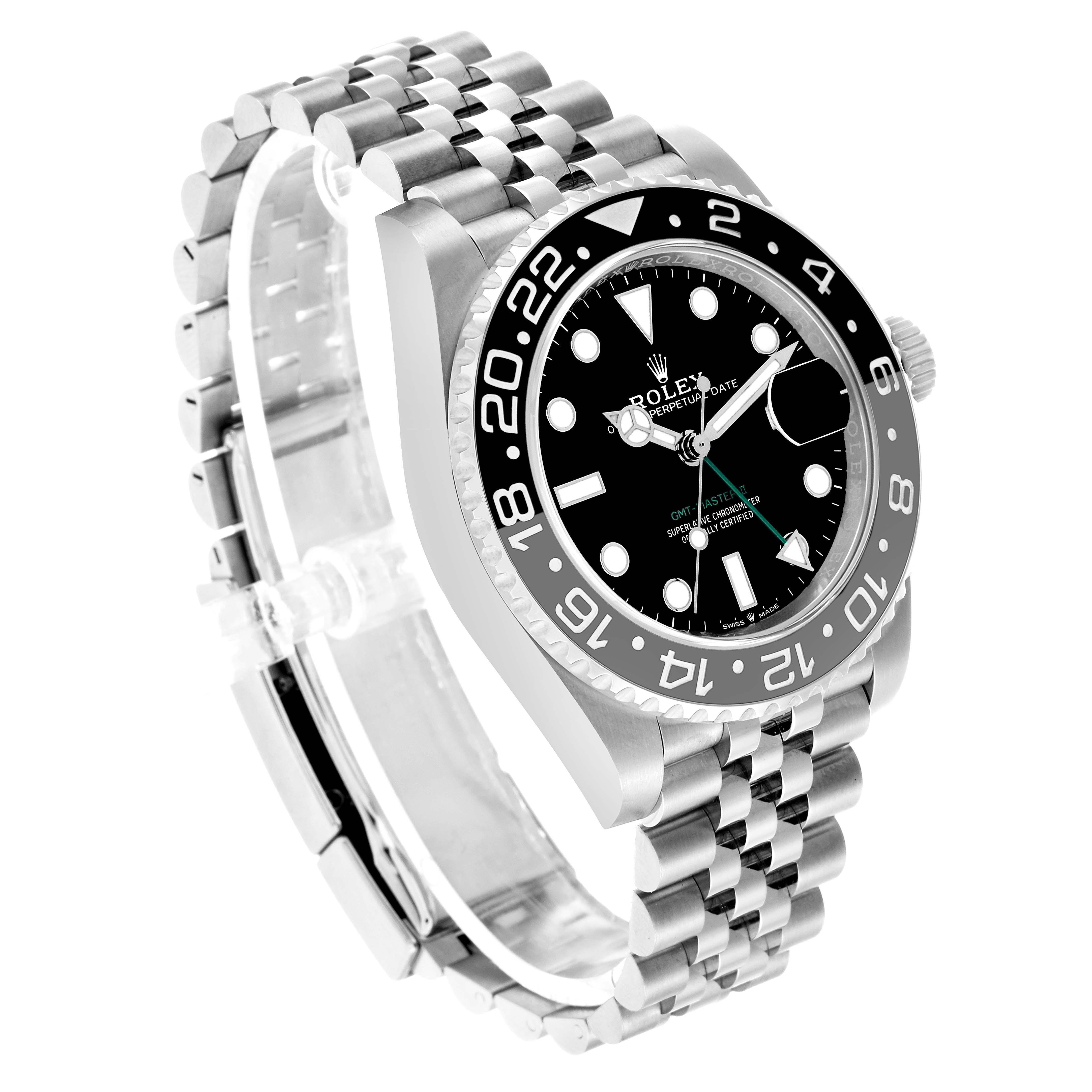 The image shows a Rolex GMT-Master 126710GRNR Men's Stainless Steel Black Dial watch at a three-quarter angle, displaying its face, bezel, and bracelet.