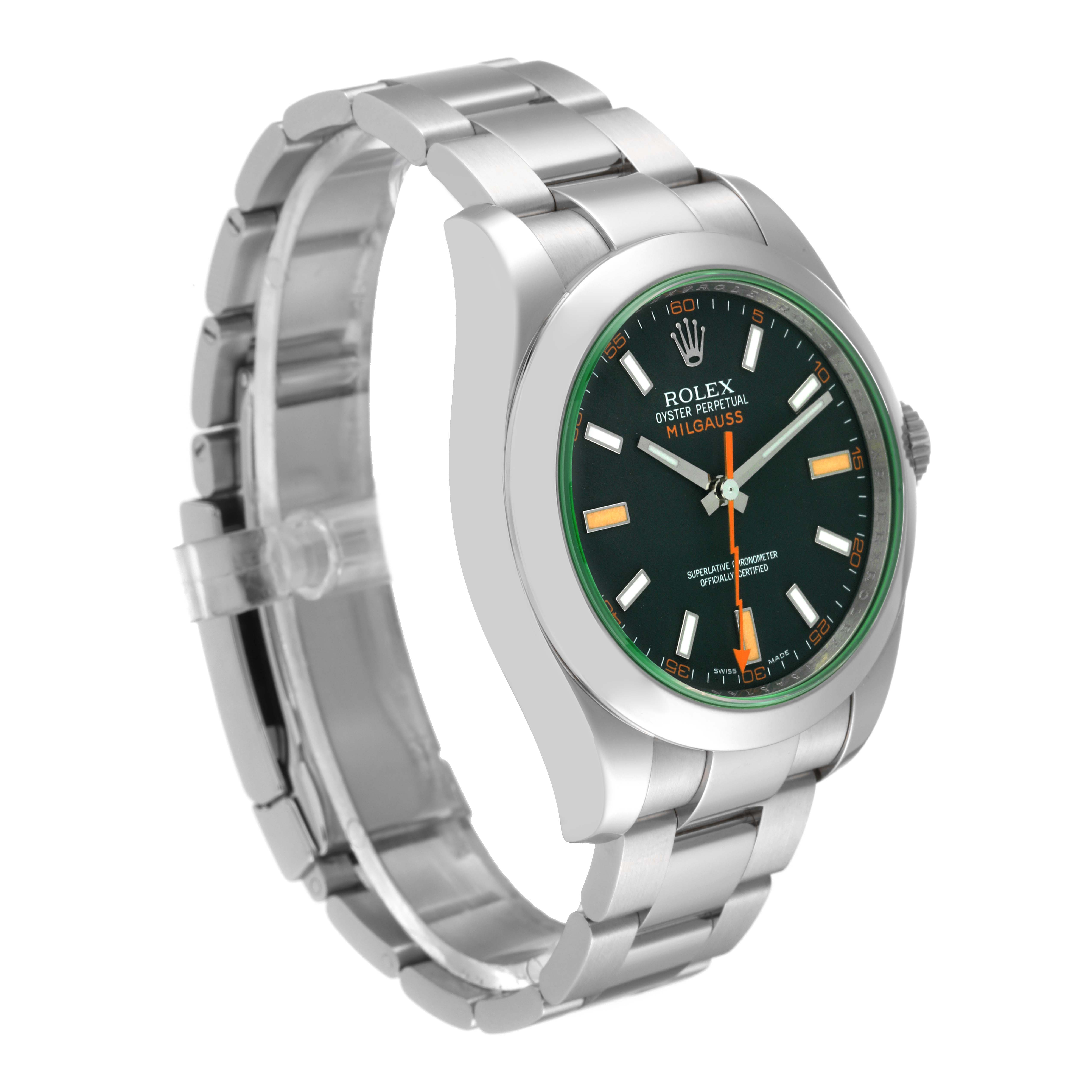 The Rolex Milgauss 116400 Men's Stainless Steel Black Dial 116400 Men's Stainless Steel Black Dial watch is shown at a slight left side angle, displaying its face, bracelet, and clasp.