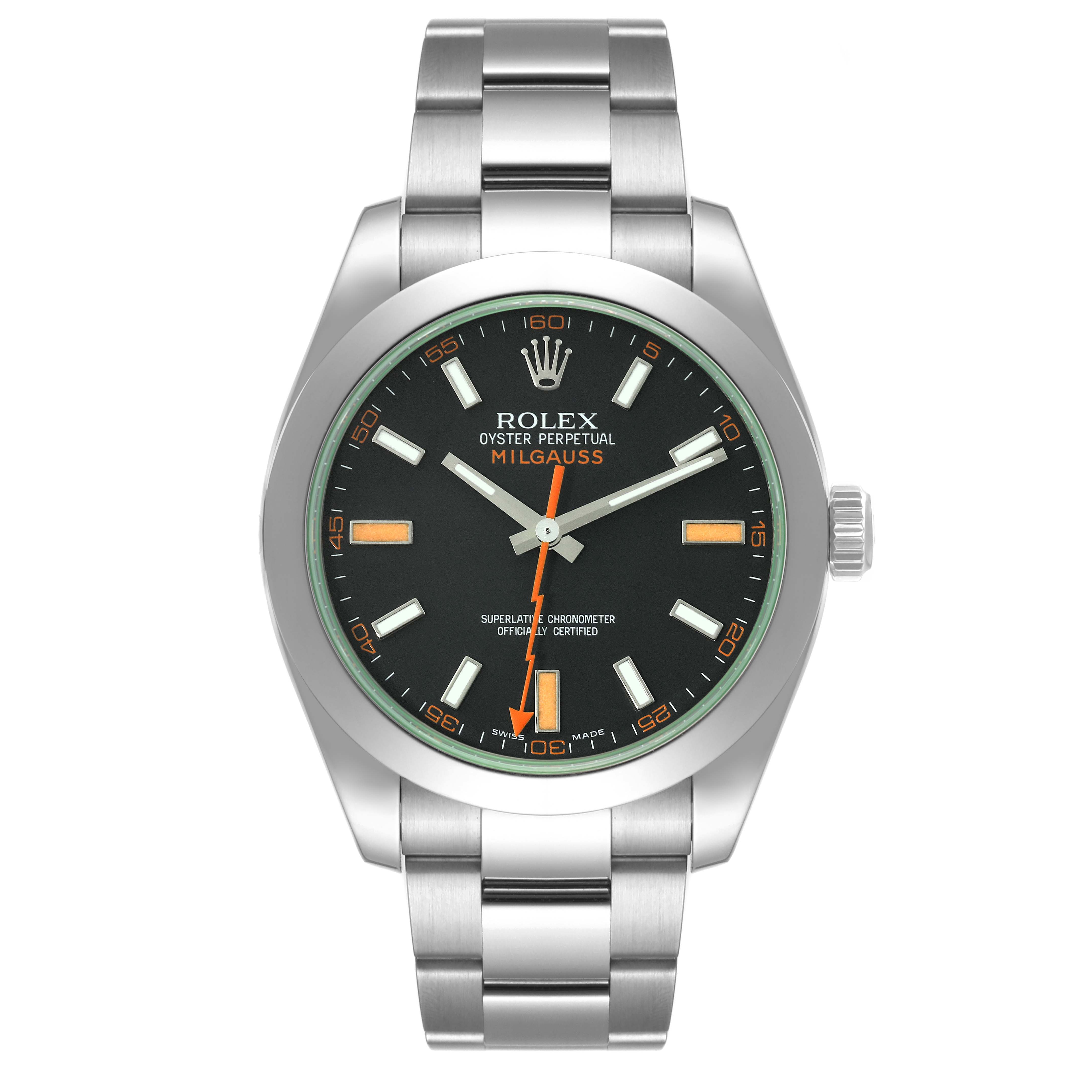 The image shows a front view of the Rolex Milgauss 116400 Men's Stainless Steel Black Dial 116400 Men's Stainless Steel Black Dial watch, displaying its dial, hour markers, hands, and stainless steel bracelet.