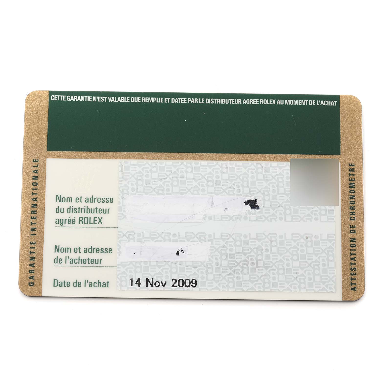 This image shows a Rolex warranty card for the Milgauss model, including purchase date and distributor information.