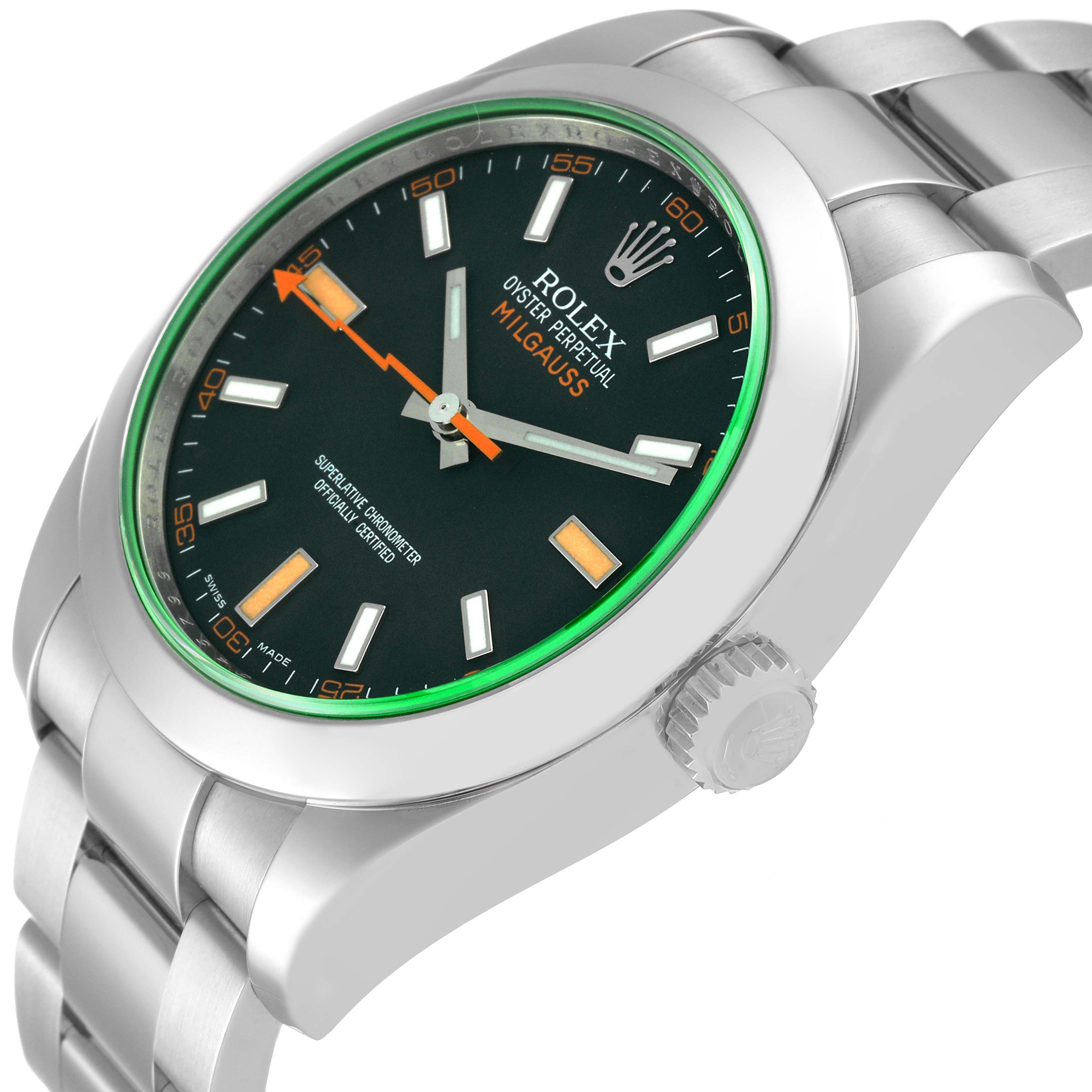 The image shows a side angle view of the Rolex Milgauss 116400 Men's Stainless Steel Black Dial 116400 Men's Stainless Steel Black Dial watch, focusing on the face, bezel, and part of the bracelet.