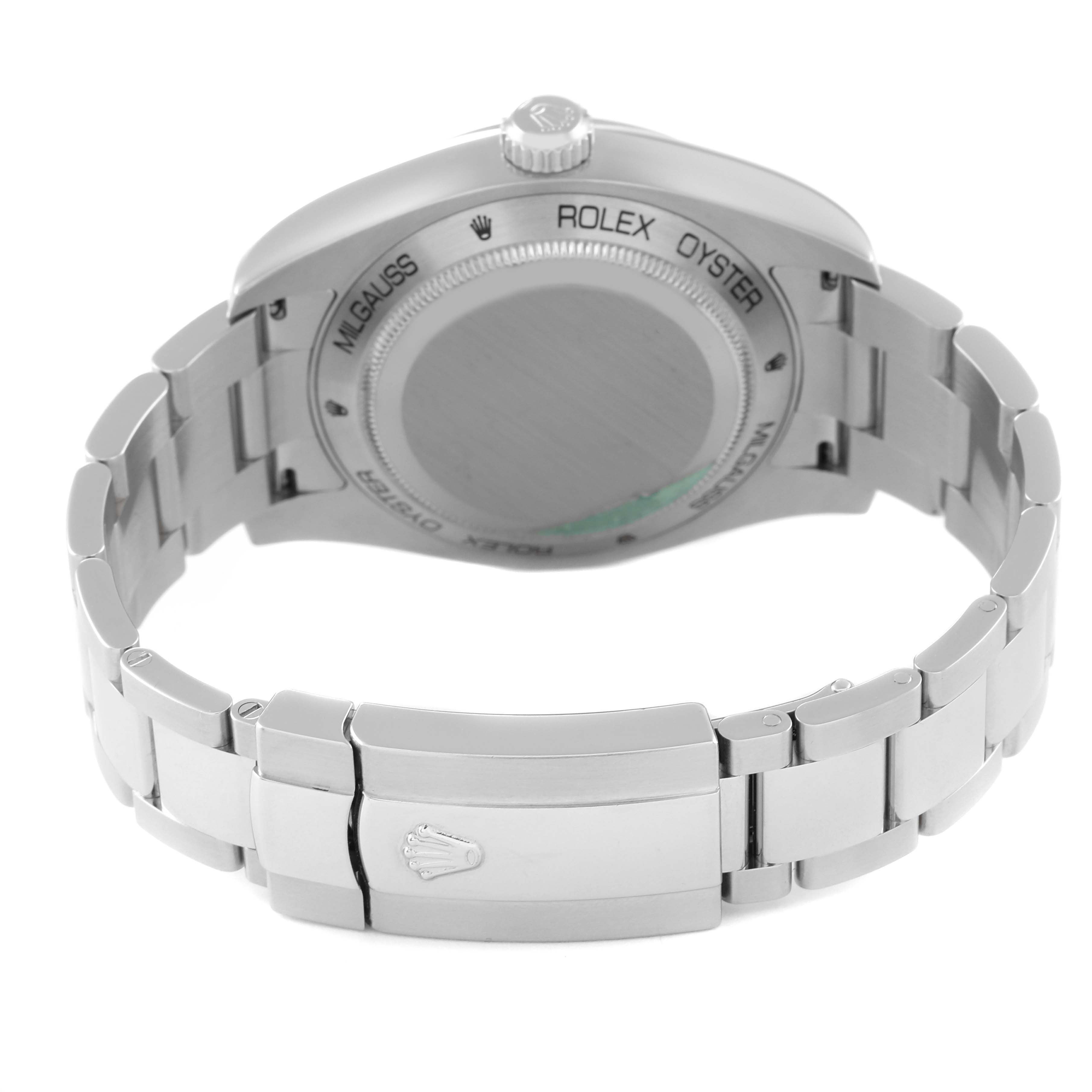 This image shows the back view and bracelet of the Rolex Milgauss 116400 Men's Stainless Steel Black Dial 116400 Men's Stainless Steel Black Dial watch.