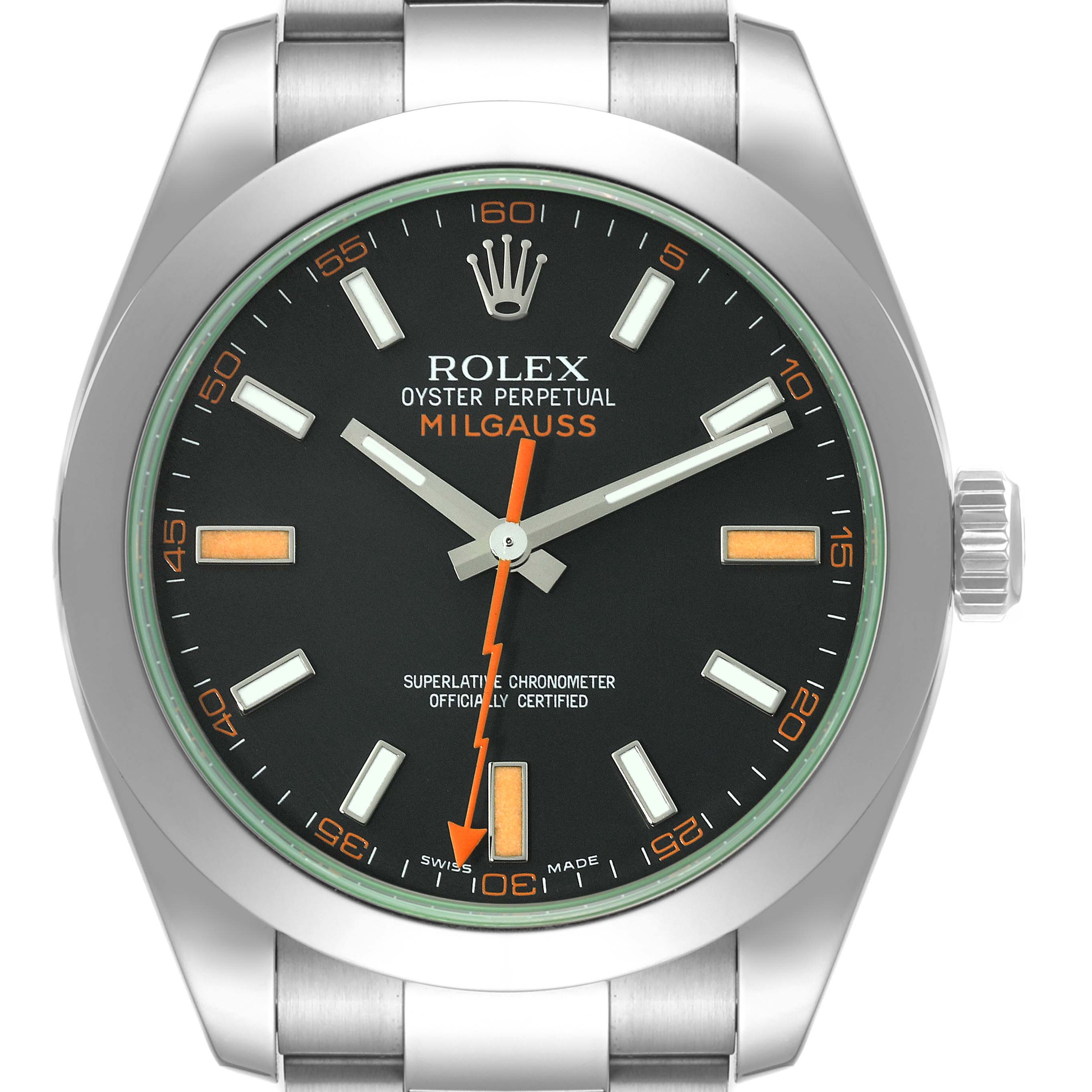 The image shows a front view of the Rolex Milgauss 116400 Men's Stainless Steel Black Dial 116400 Men's Stainless Steel Black Dial watch, displaying its dial, hands, and part of the bracelet.