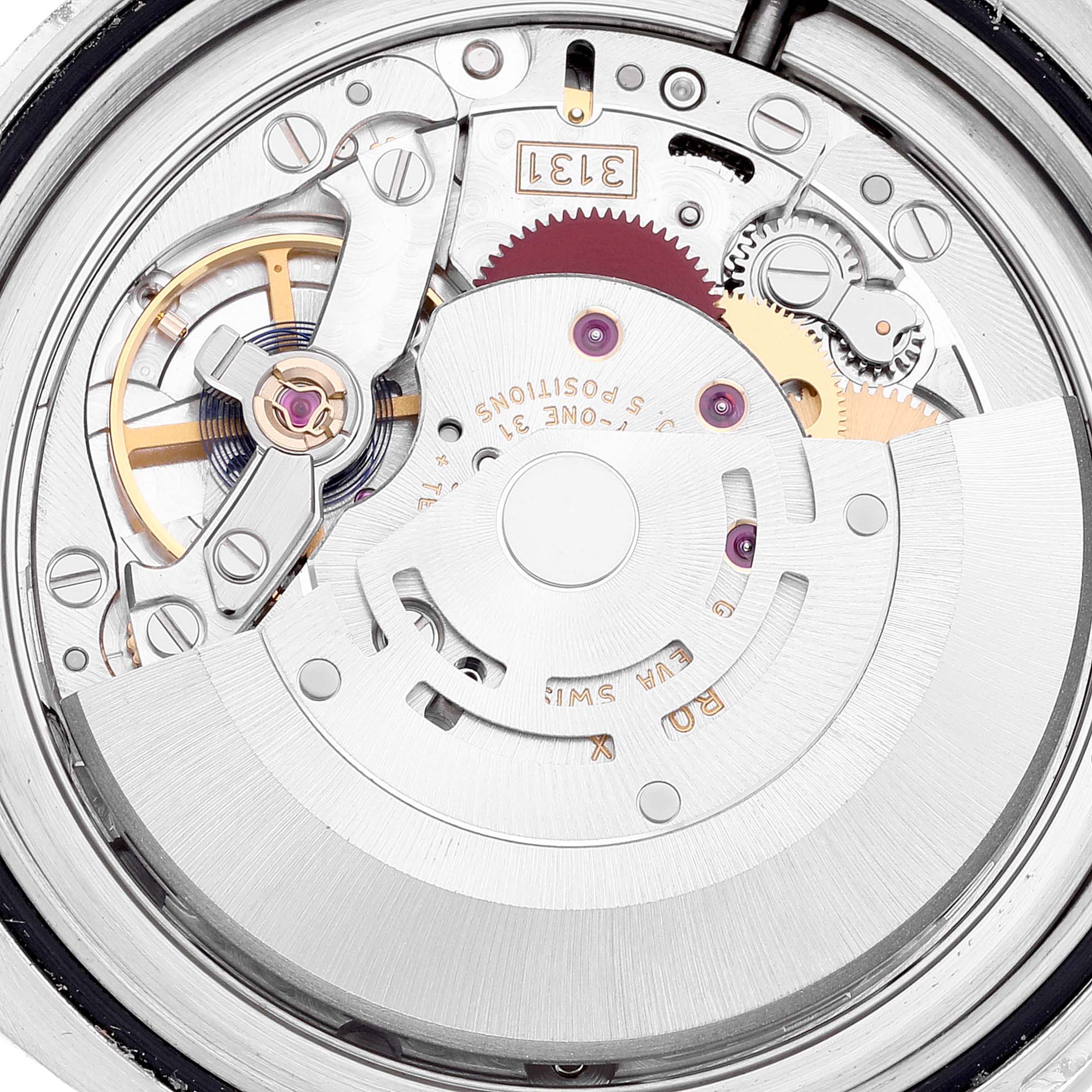 The image shows an up-close view of the movement and internal mechanism of a Rolex Milgauss 116400 Men's Stainless Steel Black Dial 116400 Men's Stainless Steel Black Dial watch.