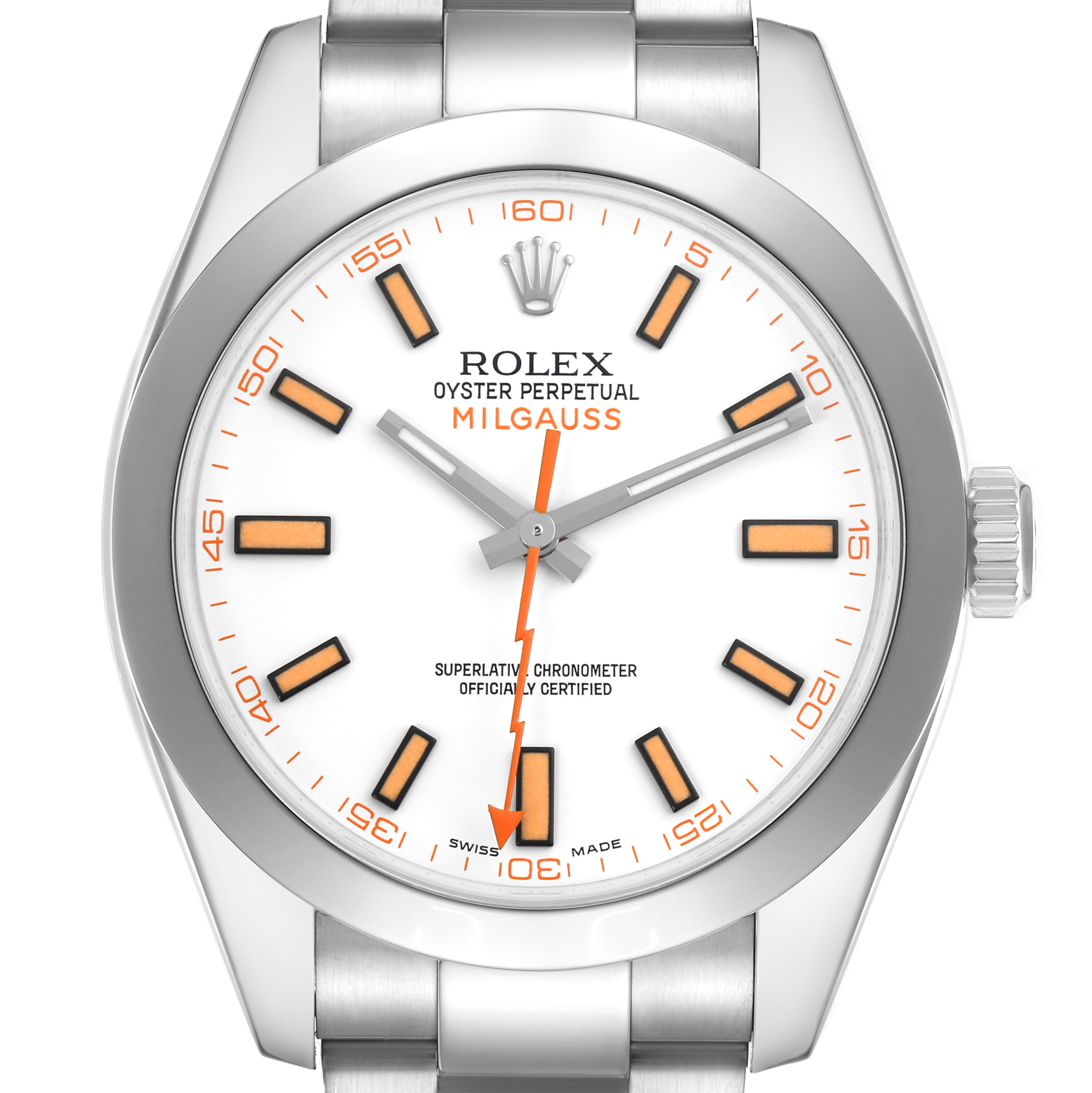 The Rolex Milgauss 116400 Men
s Stainless Steel White Dial 116400 Men
s Stainless Steel White Dial watch is shown from a front angle, displaying the dial, hour markers, and hands.