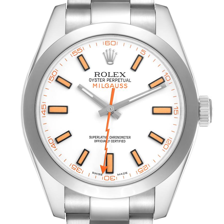 The Rolex Milgauss watch is shown from a front angle, displaying the dial, hour markers, and hands.