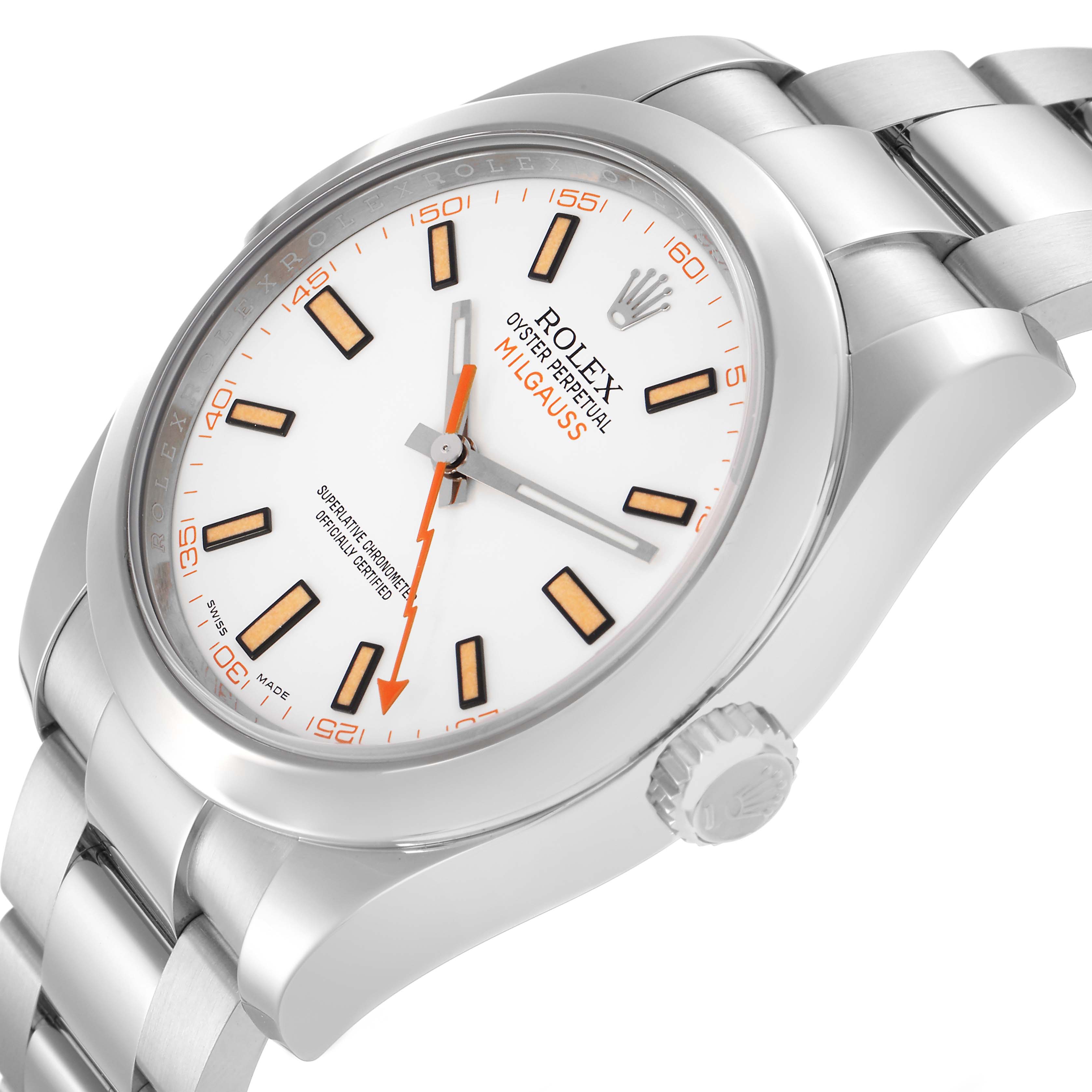 The Rolex Milgauss 116400 Men
s Stainless Steel White Dial 116400 Men
s Stainless Steel White Dial watch is shown at an oblique angle, highlighting the face, crown, and part of the bracelet.