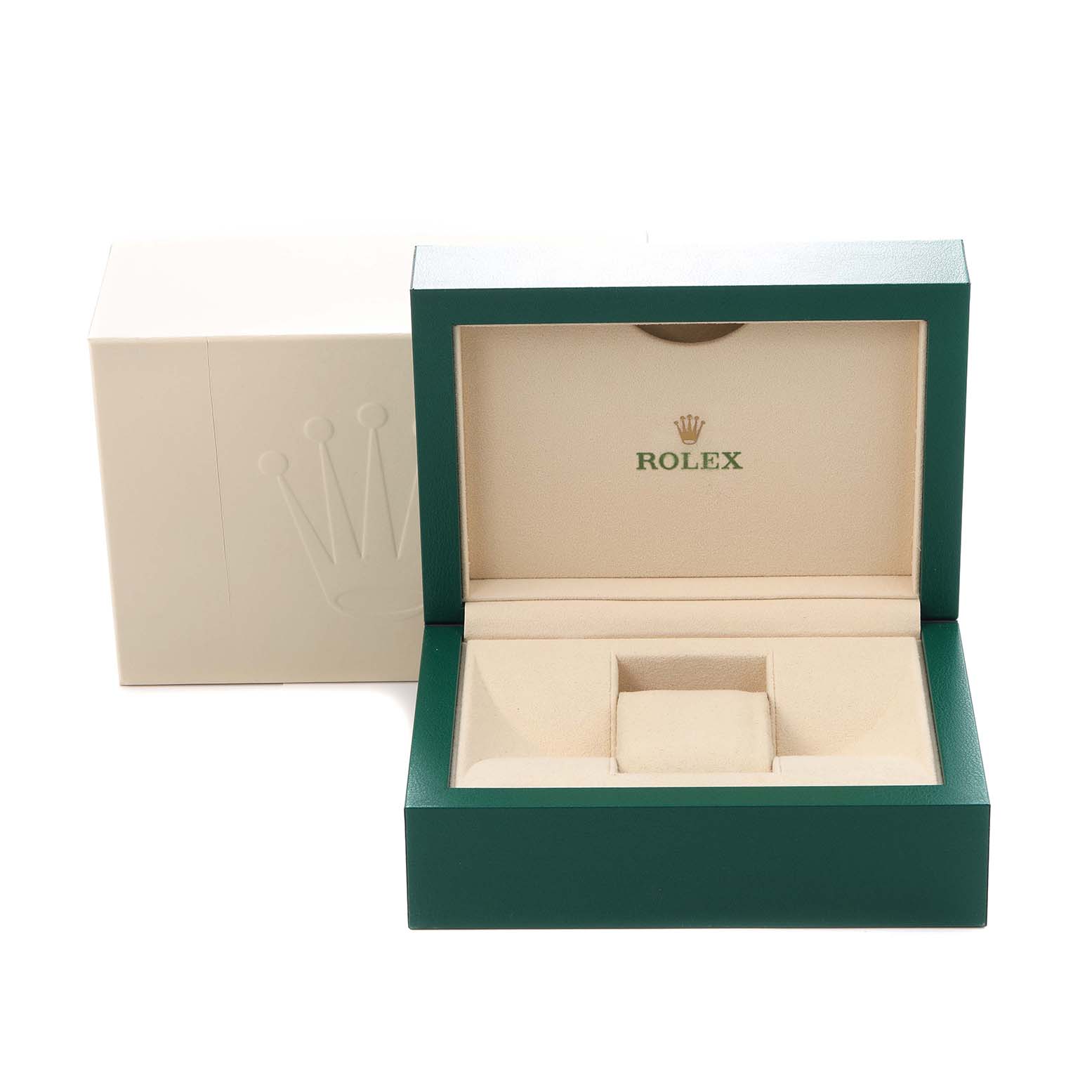 The image shows an open Rolex Milgauss 116400 Men
s Stainless Steel White Dial 116400 Men
s Stainless Steel White Dial watch box with its beige interior visible.