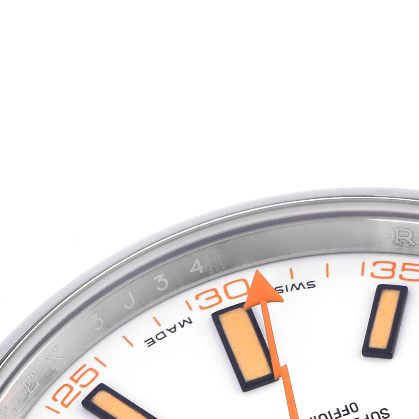 This image shows a close-up of the Rolex Milgauss 116400 Men
s Stainless Steel White Dial 116400 Men
s Stainless Steel White Dial watch face, highlighting its bezel, hour markers, and orange lightning bolt second hand.