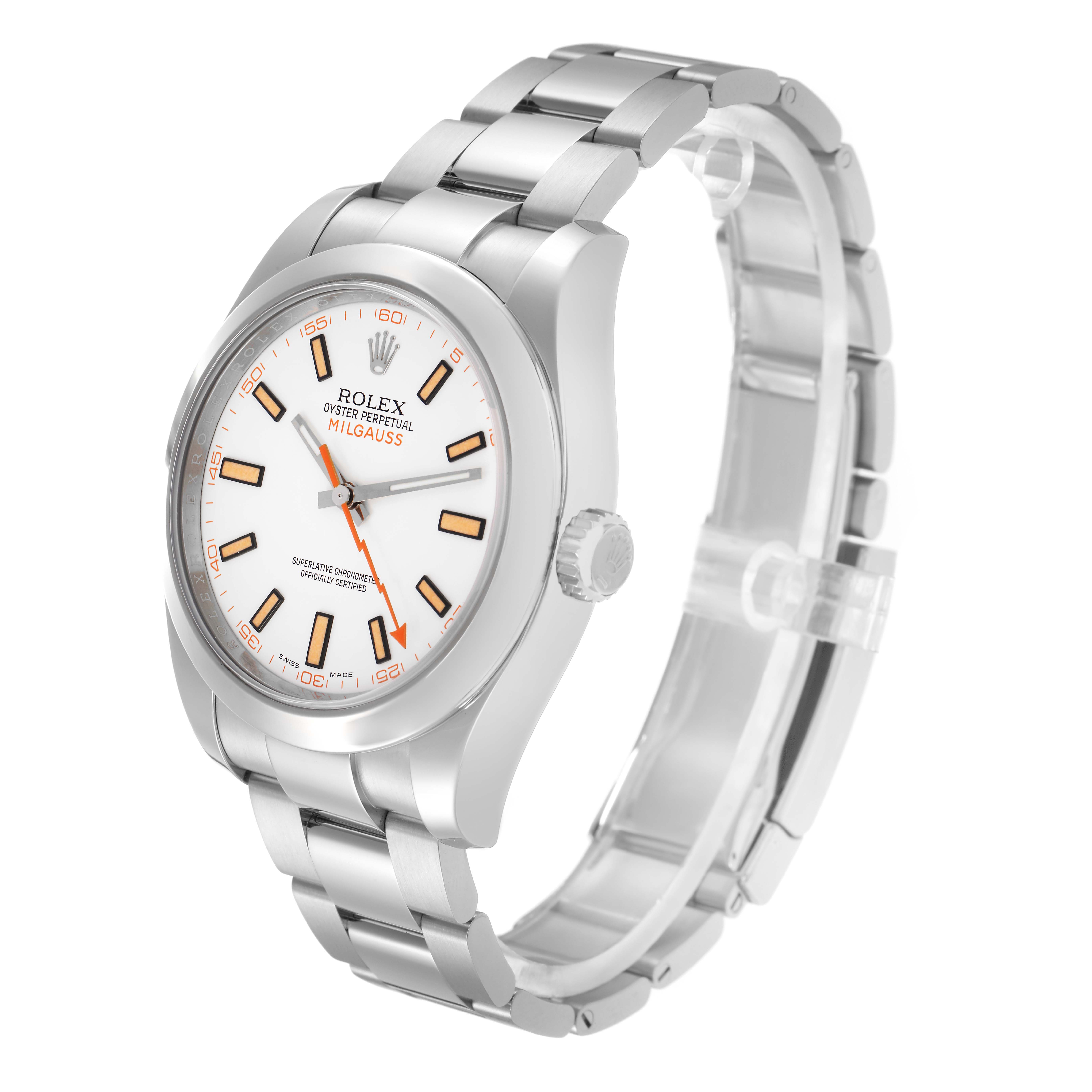 The Rolex Milgauss 116400 Men
s Stainless Steel White Dial 116400 Men
s Stainless Steel White Dial watch is shown at a three-quarter angle, highlighting the face, bezel, crown, and bracelet.