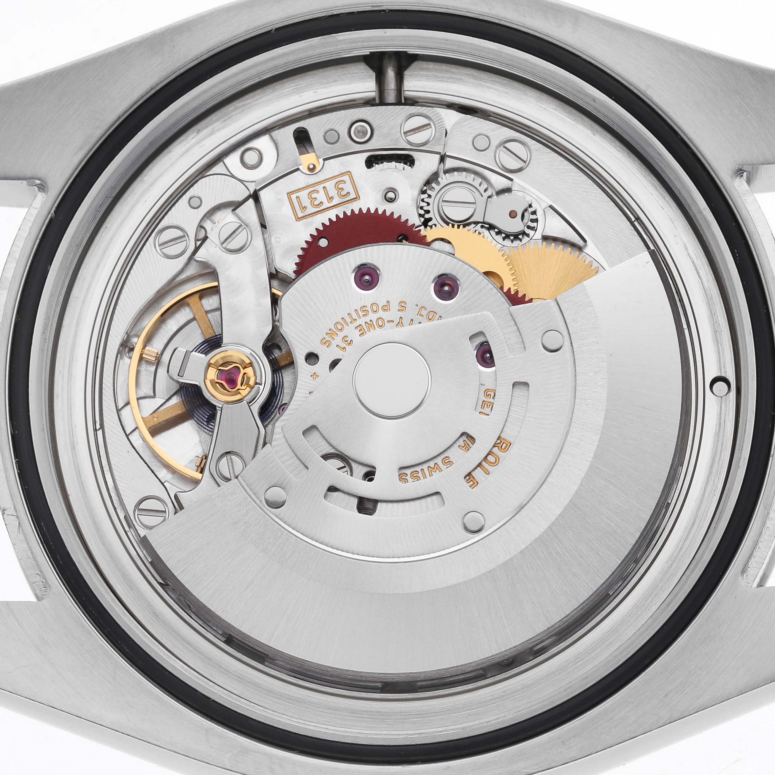 The image shows the back of a Rolex Milgauss 116400 Men
s Stainless Steel White Dial 116400 Men
s Stainless Steel White Dial, highlighting its intricate movement mechanics and components.