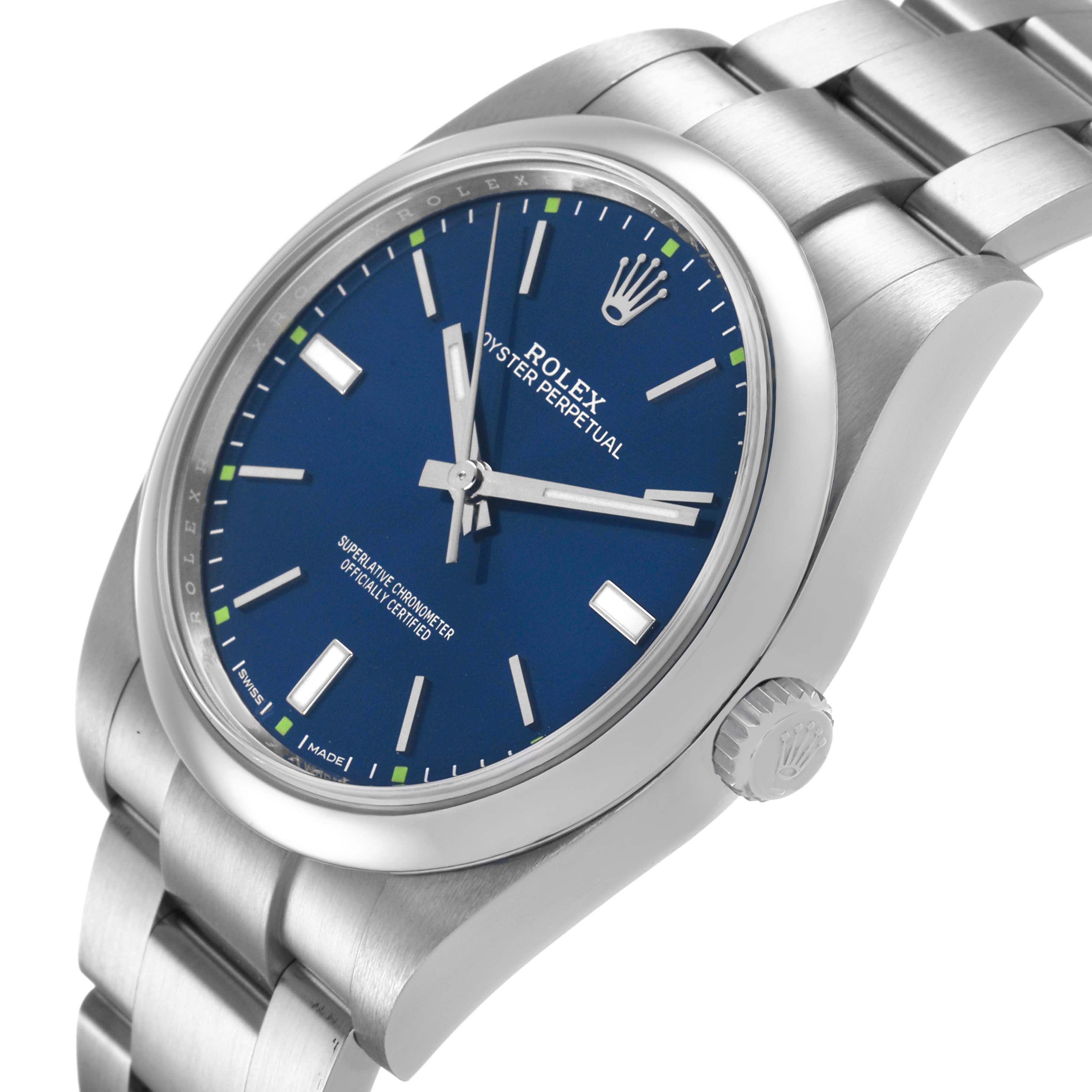 The Rolex Oyster Perpetual 114300 Men's Stainless Steel Blue Dial watch is shown at a slight side angle, highlighting the dial, crown, and part of the bracelet.