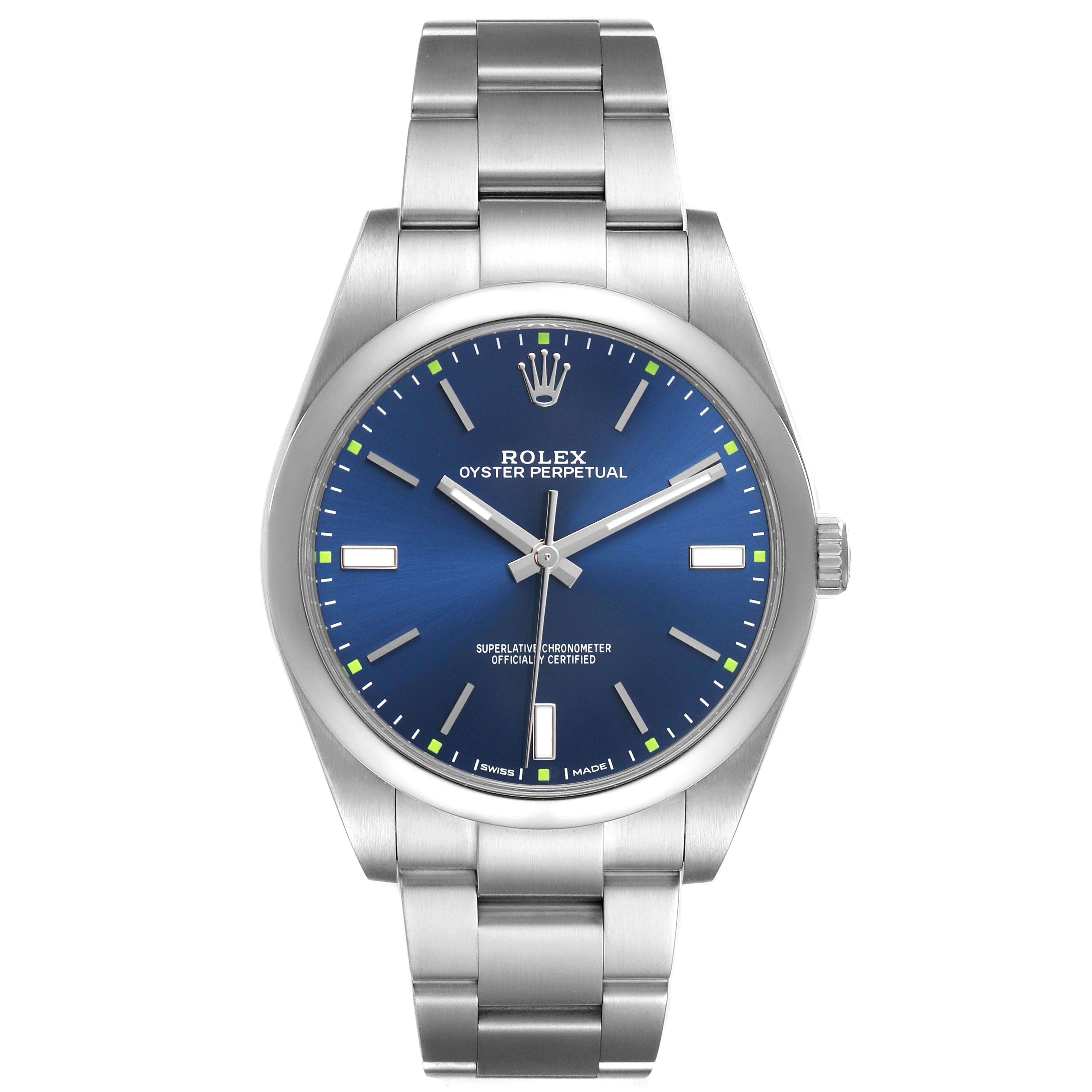 The Rolex Oyster Perpetual 114300 Men's Stainless Steel Blue Dial watch is shown from the front, displaying the full watch face and metal bracelet.