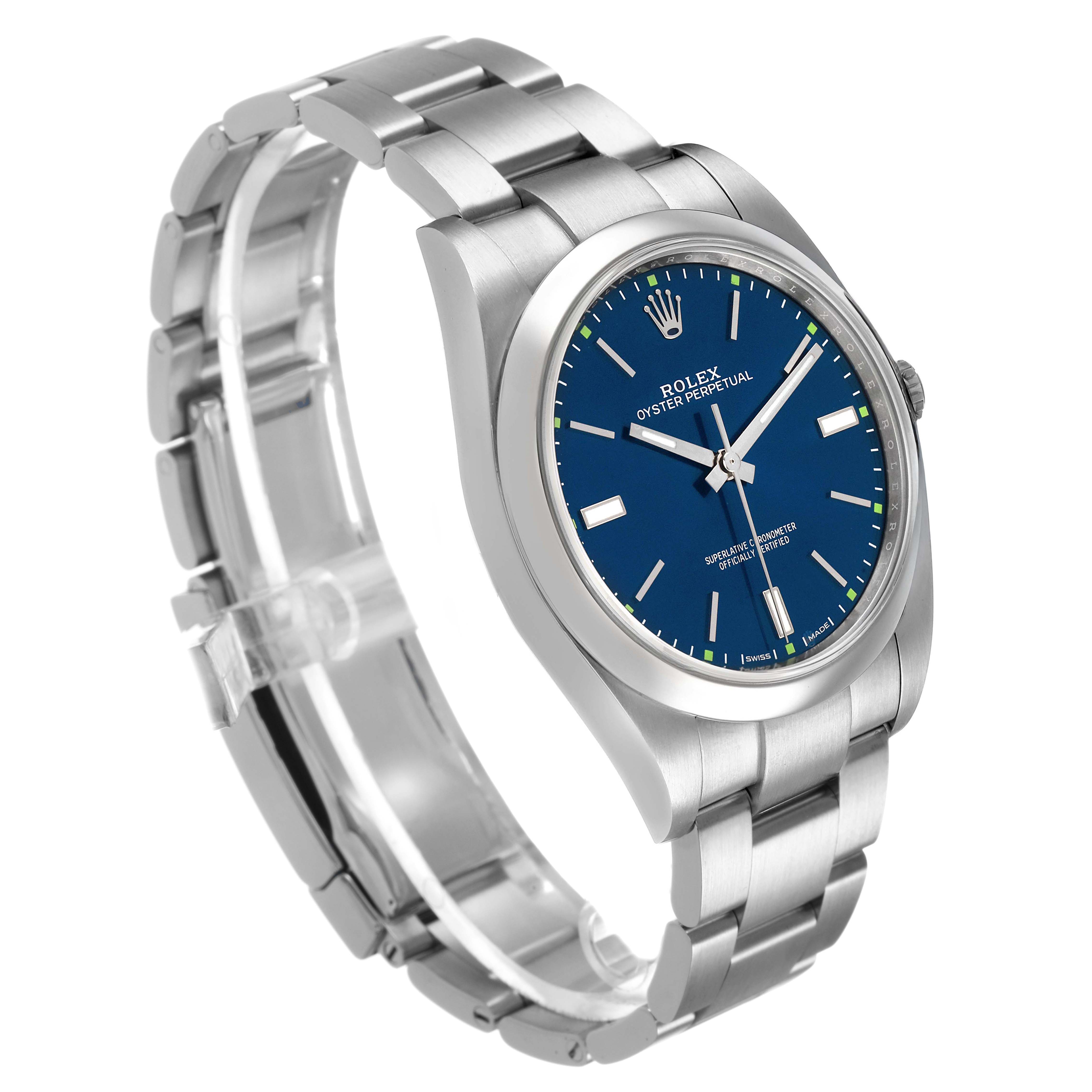 The Rolex Oyster Perpetual 114300 Men's Stainless Steel Blue Dial watch is shown at a three-quarter angle, displaying its blue dial, bezel, and metal bracelet.