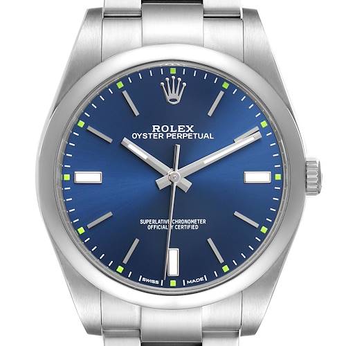 The Rolex Oyster Perpetual 114300 Men's Stainless Steel Blue Dial watch is shown from a front angle, highlighting its blue dial, markers, and stainless steel bracelet.