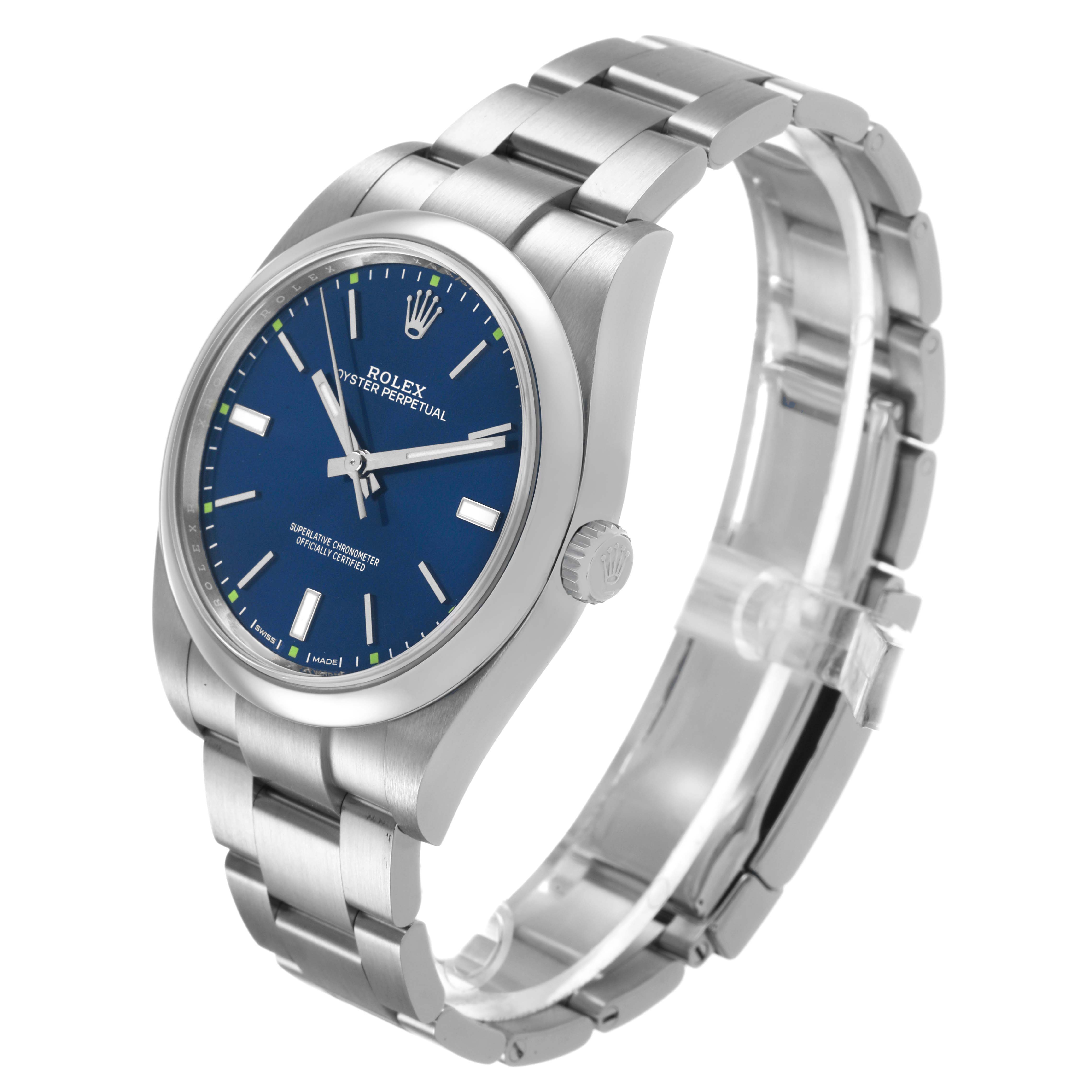 The Rolex Oyster Perpetual 114300 Men's Stainless Steel Blue Dial watch is shown at a three-quarter angle, displaying the face, case, crown, and bracelet.