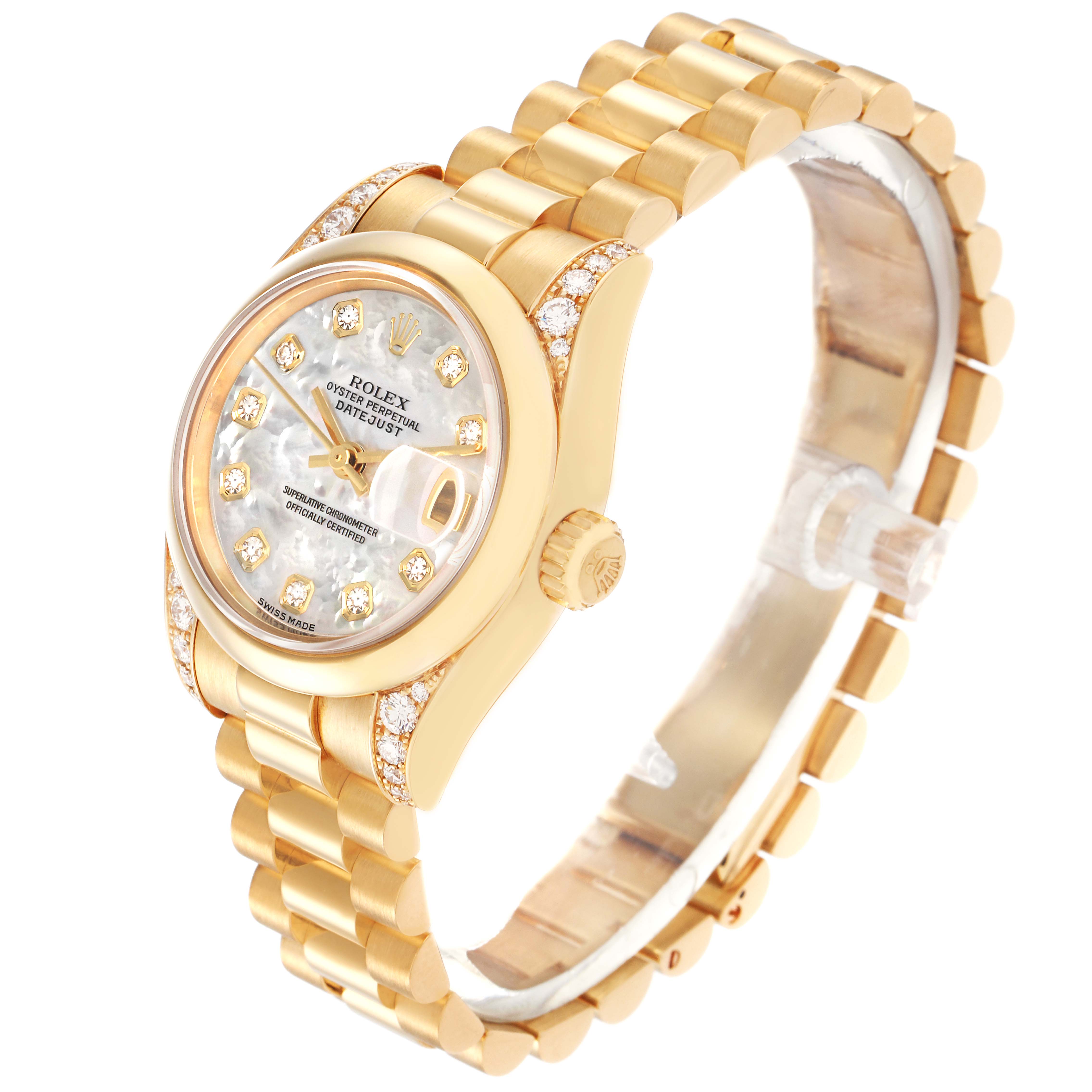 The Rolex President 179298 Women
s Yellow Gold Mother of Pearl Dial 179298 Women
s Yellow Gold Mother of Pearl Dial model watch is shown at a slight side angle, displaying its gold bracelet, diamond-encrusted bezel, and face.