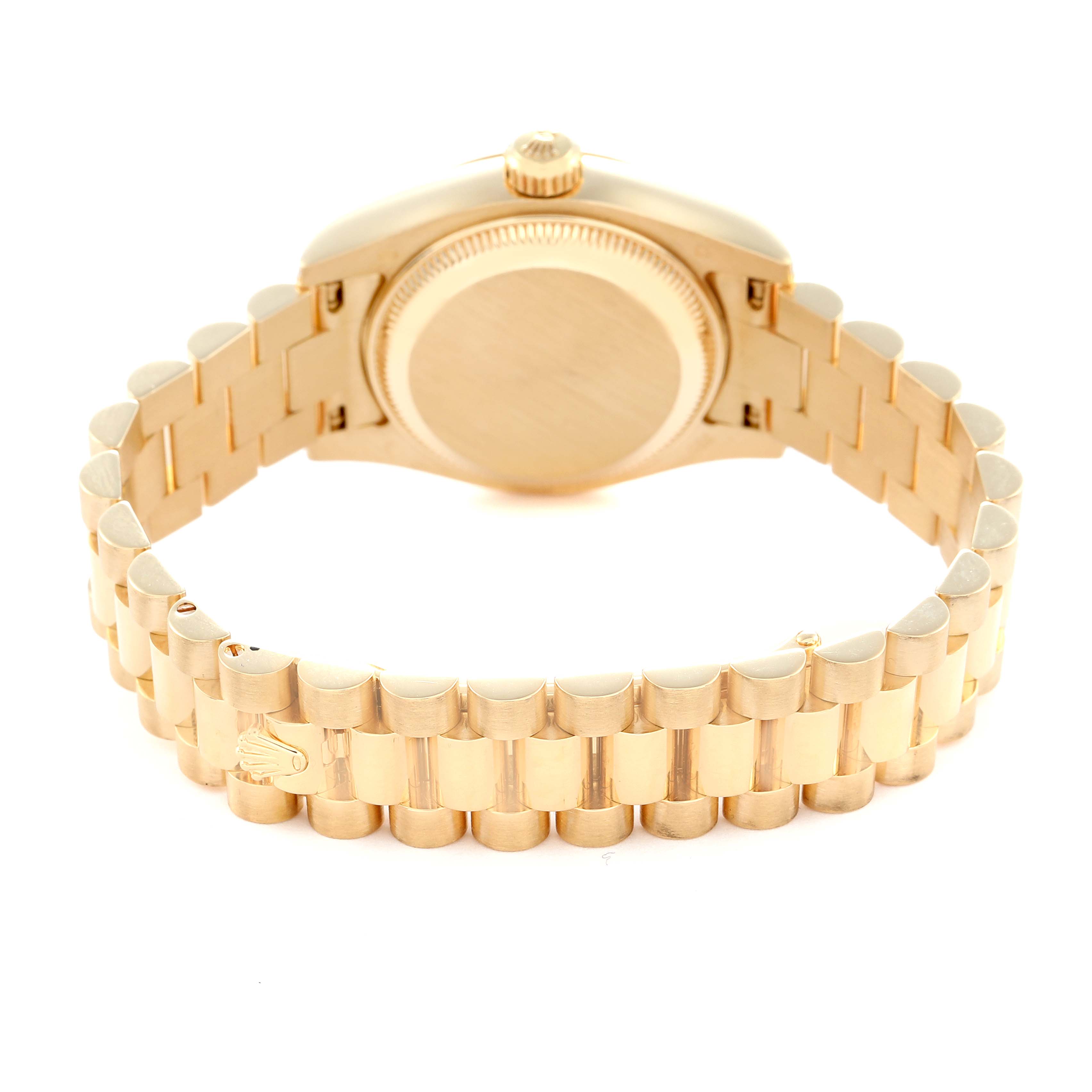 The Rolex President 179298 Women
s Yellow Gold Mother of Pearl Dial 179298 Women
s Yellow Gold Mother of Pearl Dial model is shown from the back, highlighting the case back, bracelet, and clasp.