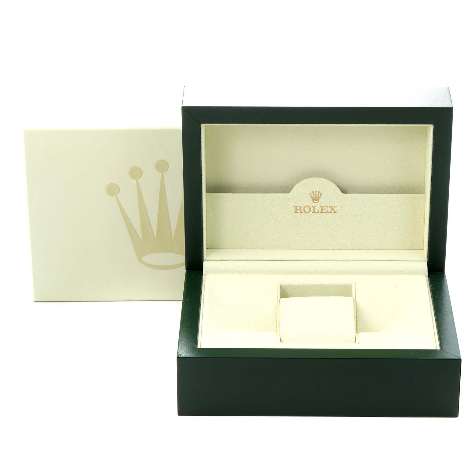 The image shows an open green box for a Rolex President 179298 Women
s Yellow Gold Mother of Pearl Dial 179298 Women
s Yellow Gold Mother of Pearl Dial watch, with its beige interior and the Rolex logo visible.