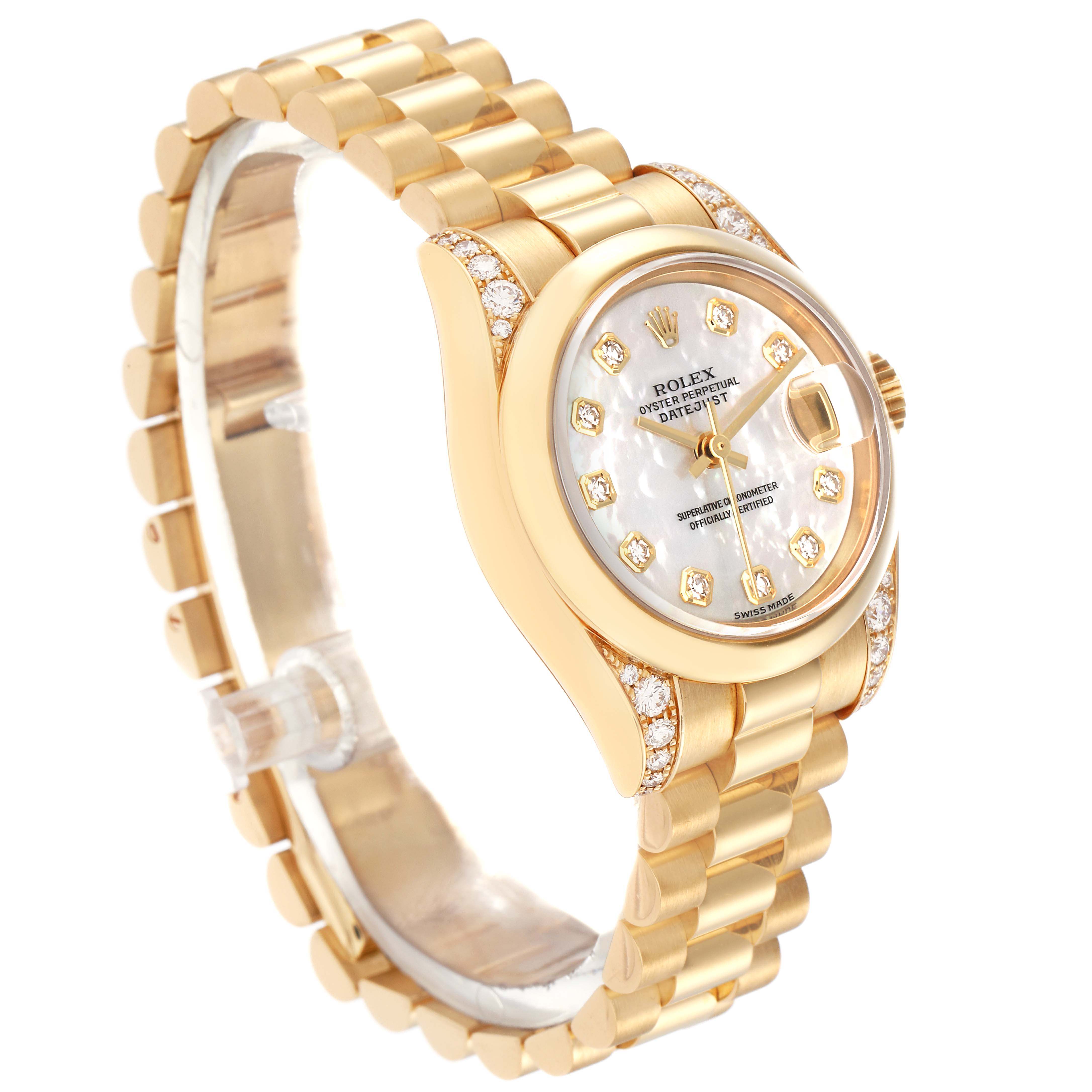 The Rolex President 179298 Women
s Yellow Gold Mother of Pearl Dial 179298 Women
s Yellow Gold Mother of Pearl Dial model watch is shown at a slight angle, highlighting the gold case, bracelet, and diamond-studded dial.