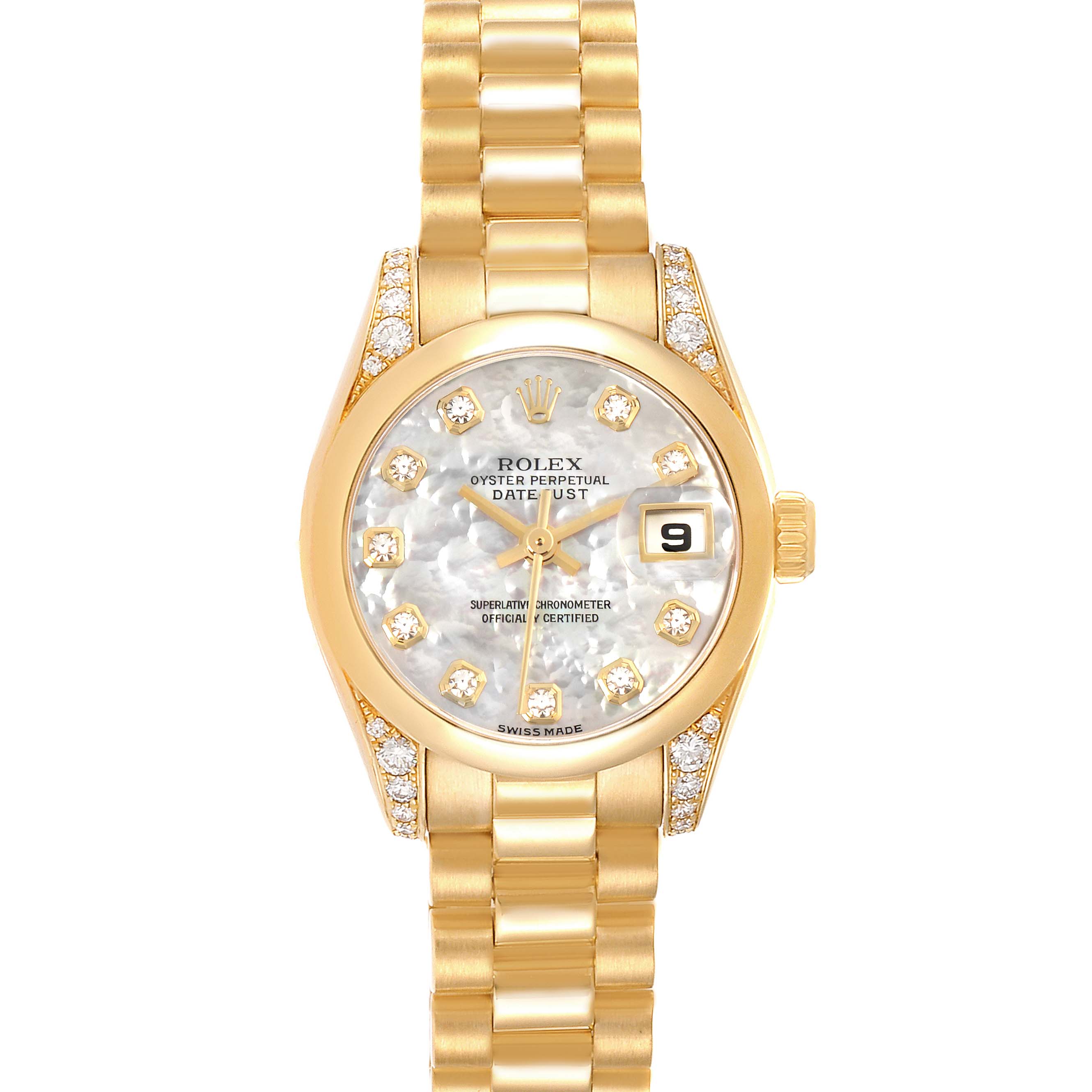 The Rolex President 179298 Women
s Yellow Gold Mother of Pearl Dial 179298 Women
s Yellow Gold Mother of Pearl Dial watch is shown from a top-down angle, highlighting its gold bracelet, diamond bezel, and date feature.