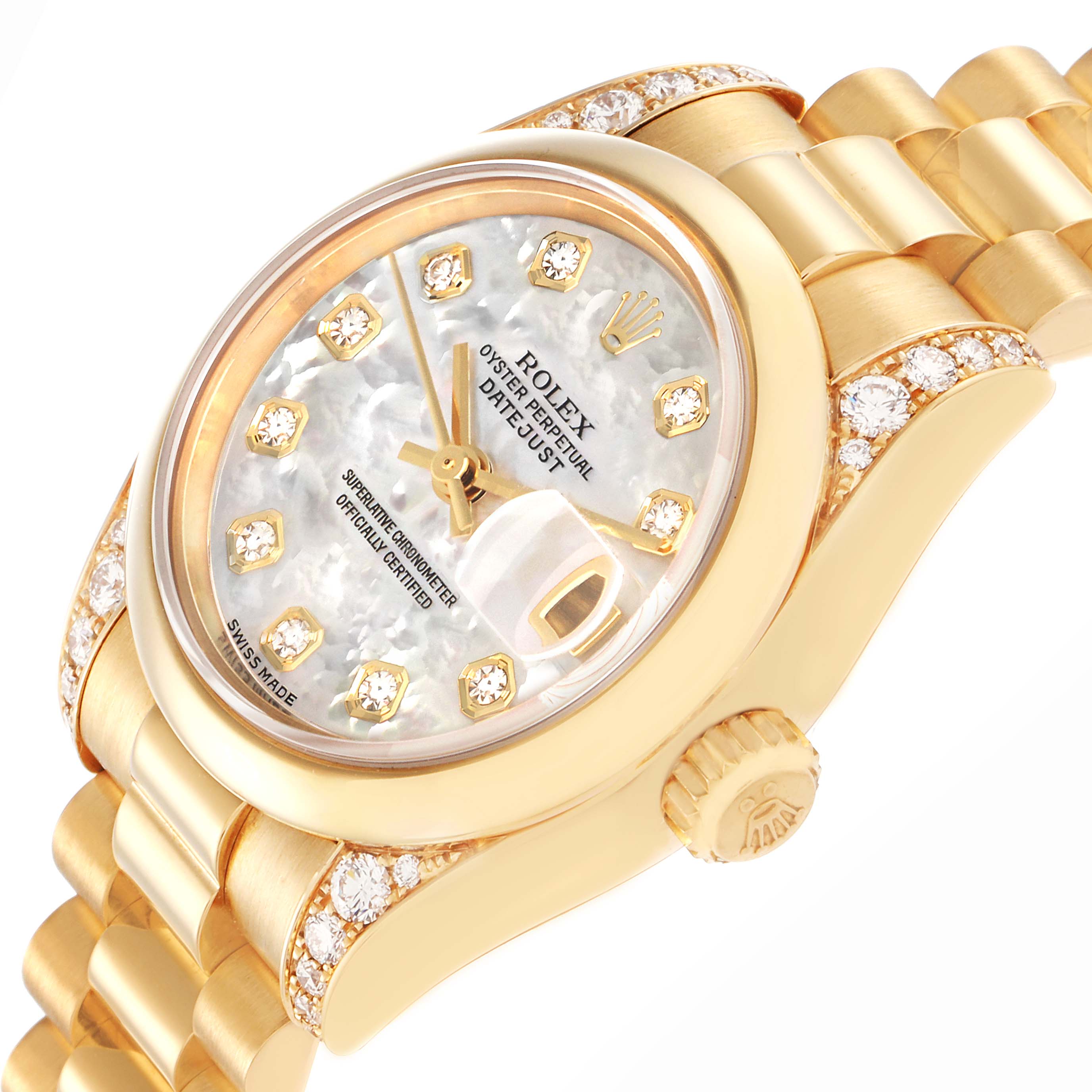 The Rolex President 179298 Women
s Yellow Gold Mother of Pearl Dial 179298 Women
s Yellow Gold Mother of Pearl Dial model is shown at an angled view, highlighting the diamond-encrusted bezel, bracelet, and mother-of-pearl dial.