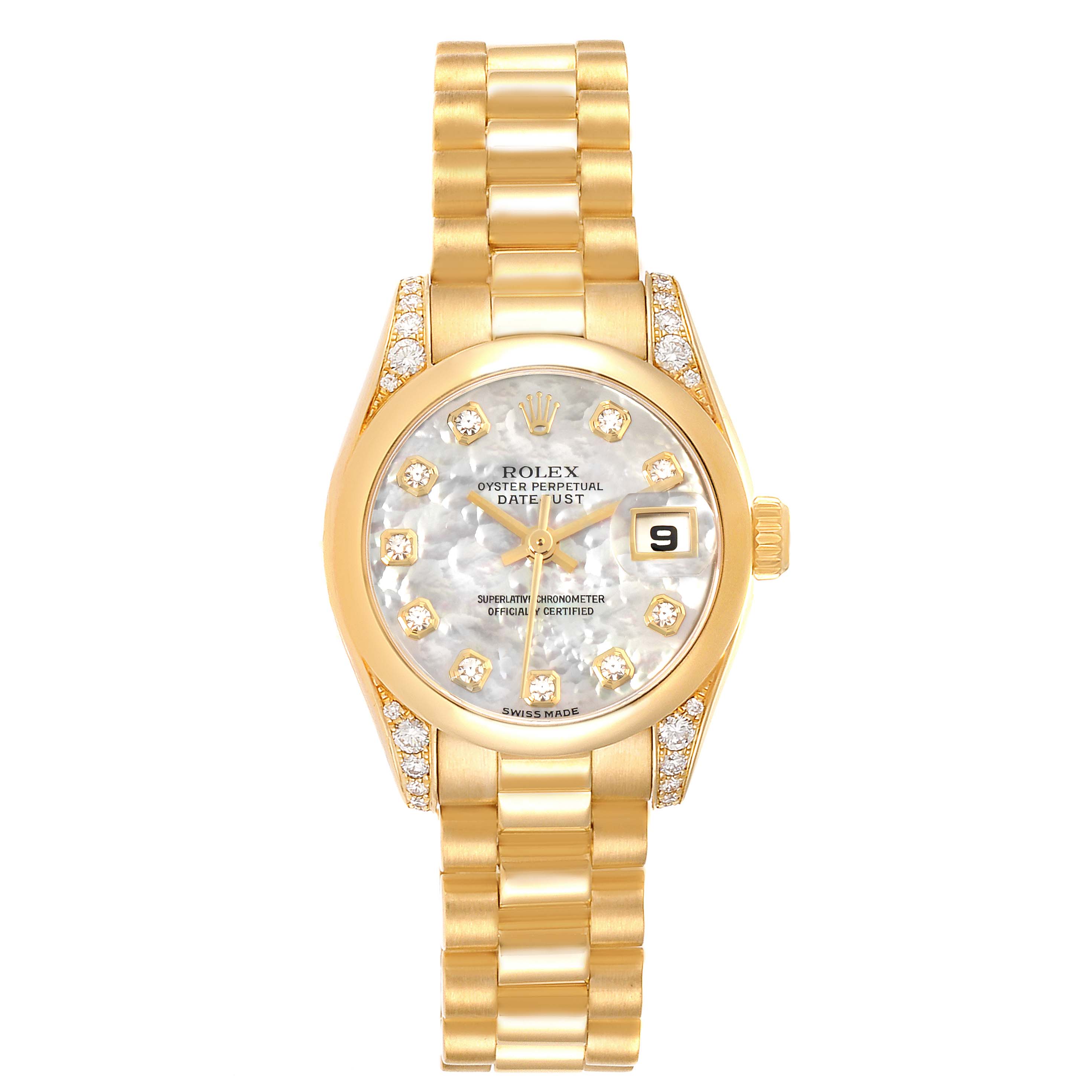 The Rolex President 179298 Women
s Yellow Gold Mother of Pearl Dial 179298 Women
s Yellow Gold Mother of Pearl Dial model is shown from the front, displaying its face, bezel, bracelet, and date window.
