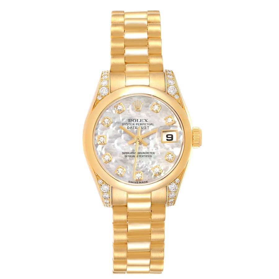 The Rolex President model is shown from the front, displaying its face, bezel, bracelet, and date window.