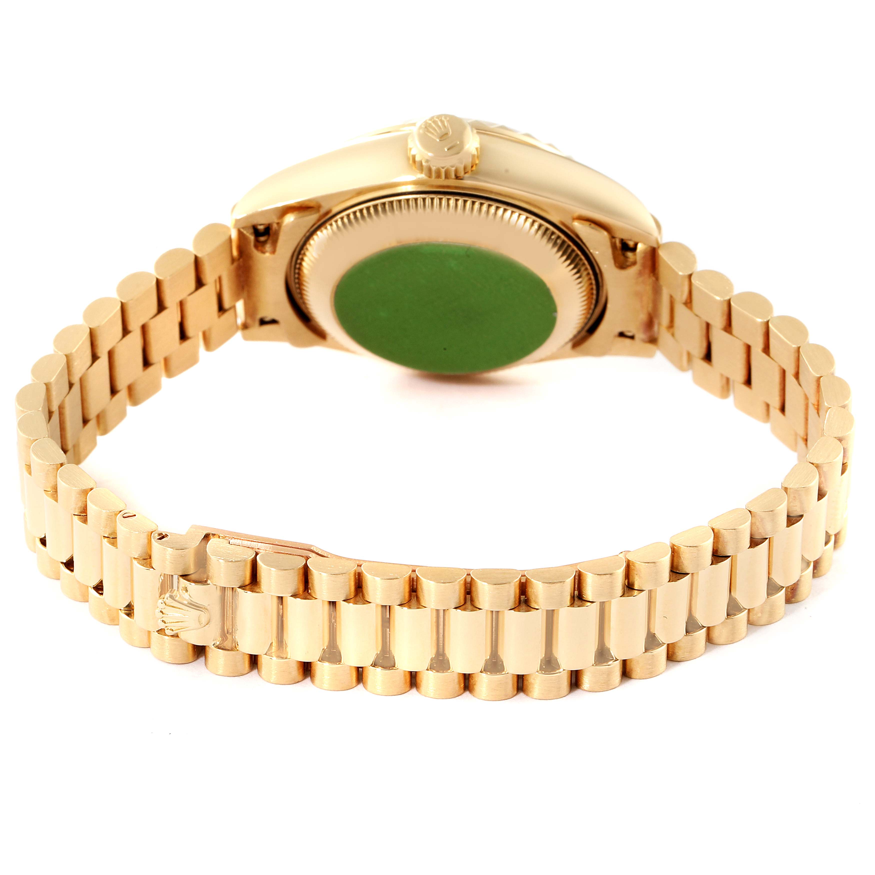 This is a rear view of a Rolex President 69188 Women's Yellow Gold Champagne Dial 69188 Women's Yellow Gold Champagne Dial model showing the case back, crown, and integrated gold bracelet.