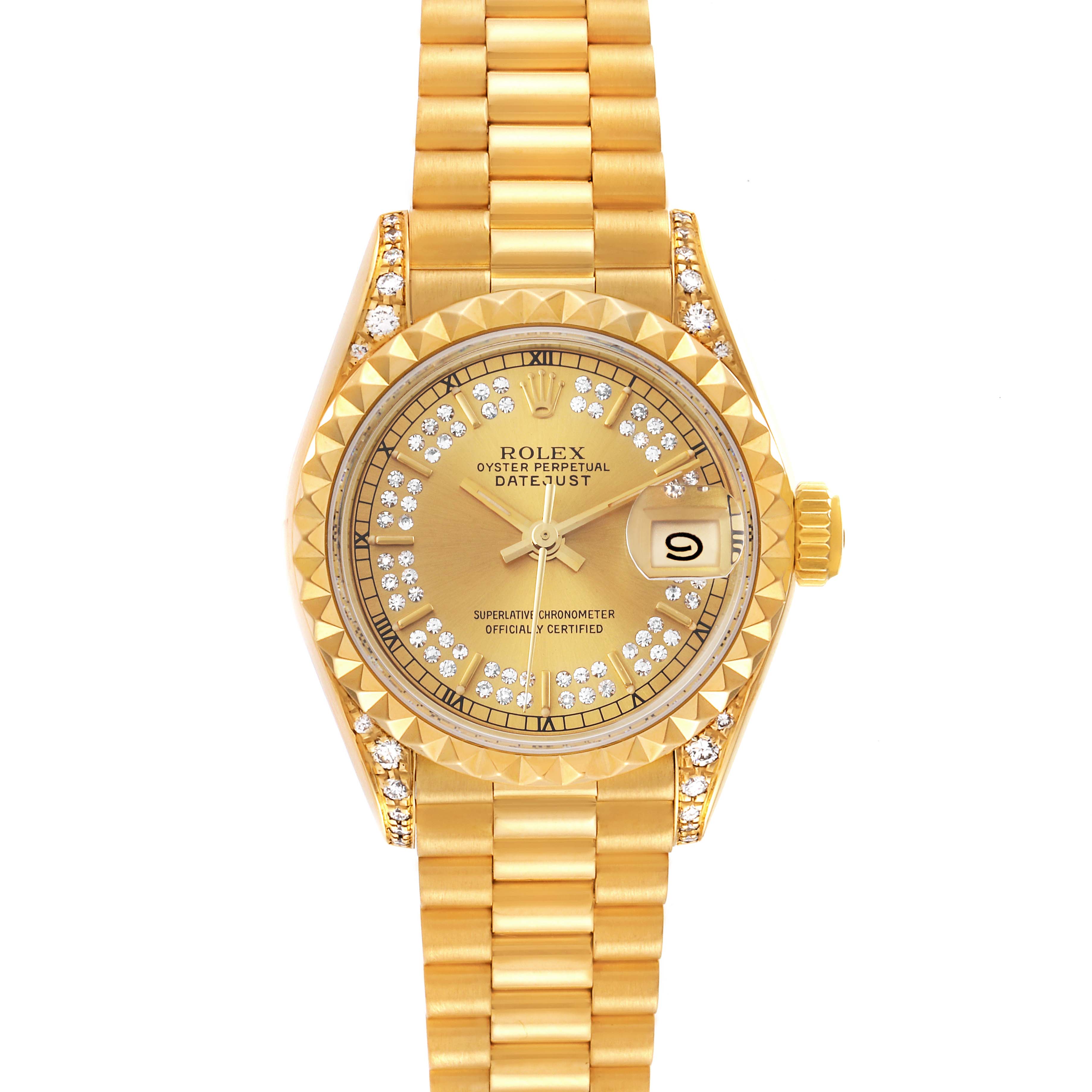 This image shows the front view of a Rolex President 69188 Women's Yellow Gold Champagne Dial 69188 Women's Yellow Gold Champagne Dial Datejust watch, focusing on the dial, bezel, and bracelet.