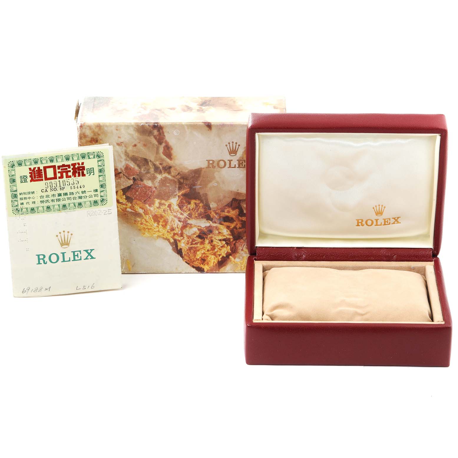 The image shows the packaging and documentation for a Rolex President 69188 Women's Yellow Gold Champagne Dial 69188 Women's Yellow Gold Champagne Dial model, including a branded box, cushion, and papers.