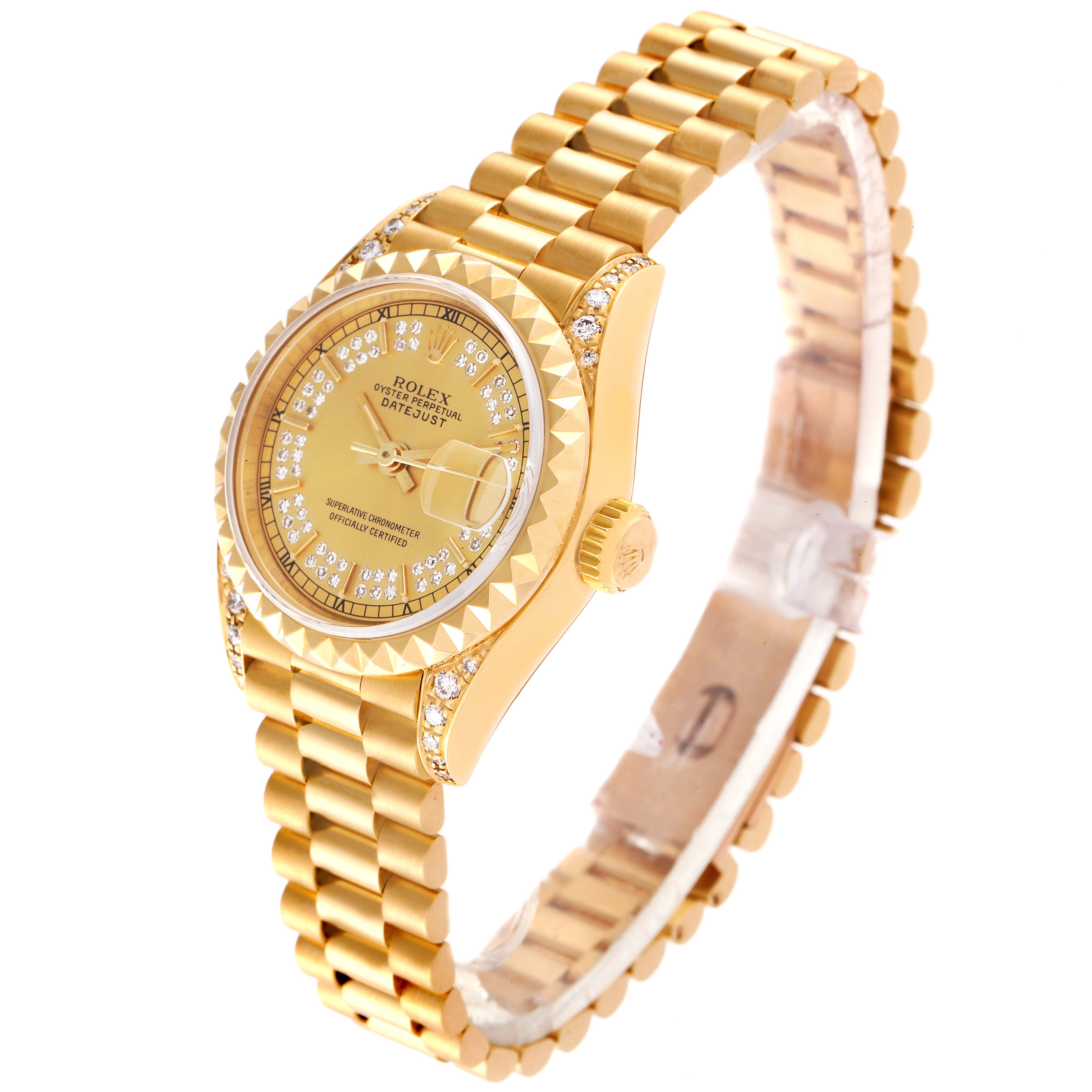 The image shows a Rolex President 69188 Women's Yellow Gold Champagne Dial 69188 Women's Yellow Gold Champagne Dial model watch, showcasing the dial, bezel, crown, and bracelet at a slight angle.