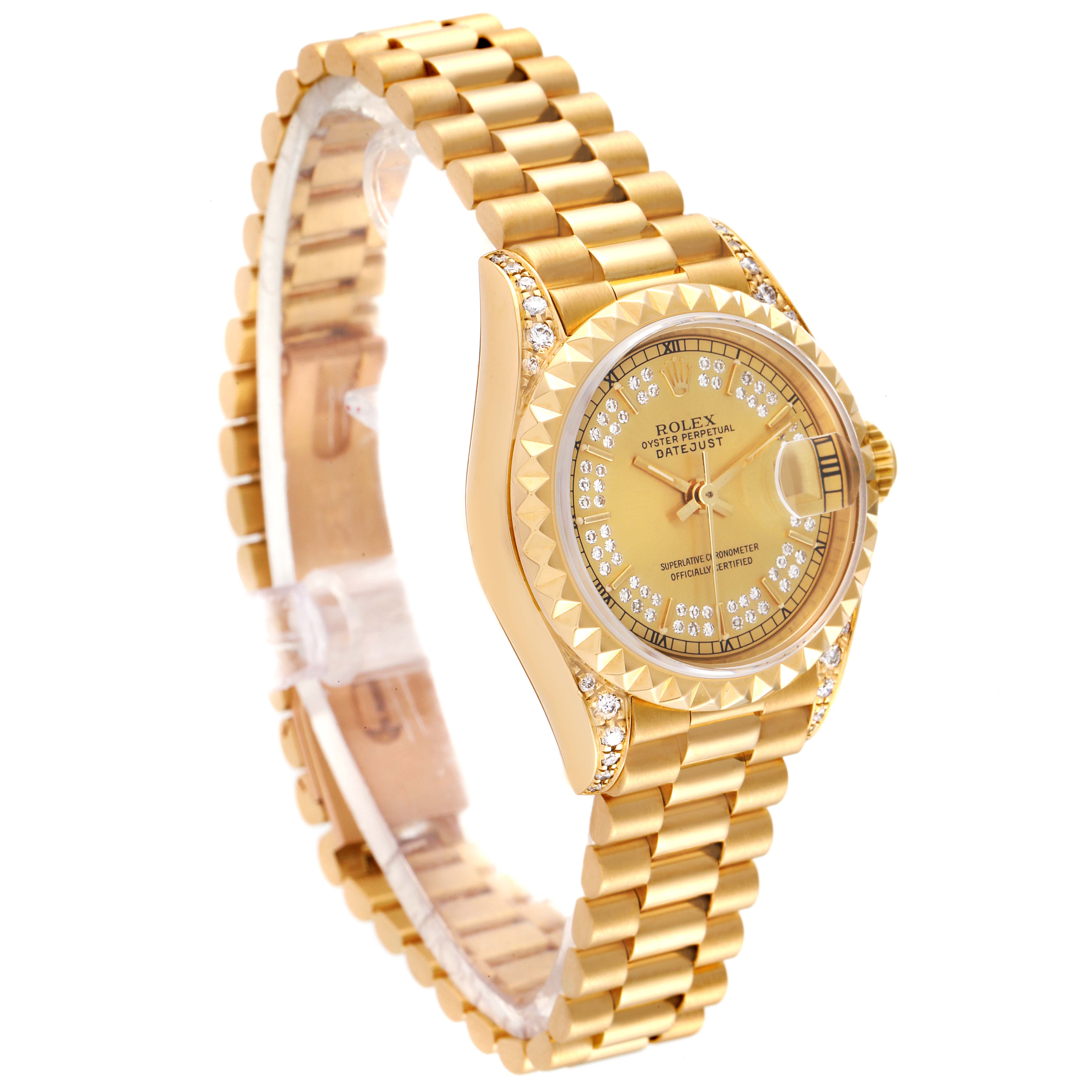The Rolex President 69188 Women's Yellow Gold Champagne Dial 69188 Women's Yellow Gold Champagne Dial model watch is shown at an angled side view, displaying its gold bracelet, bezel, and dial with diamond markers.