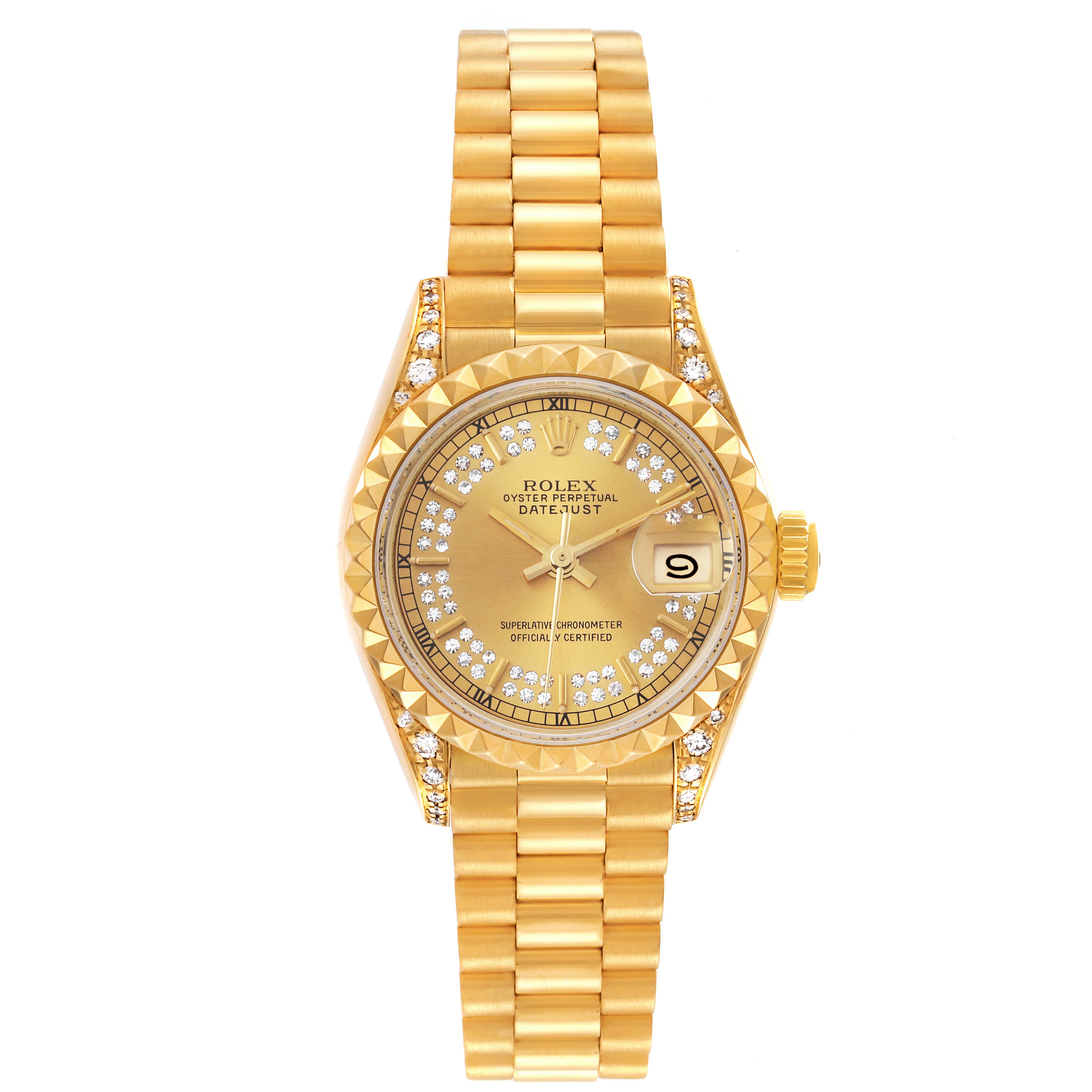 The Rolex President 69188 Women's Yellow Gold Champagne Dial 69188 Women's Yellow Gold Champagne Dial model is shown from a top-down angle, displaying the face, bezel, crown, and bracelet.