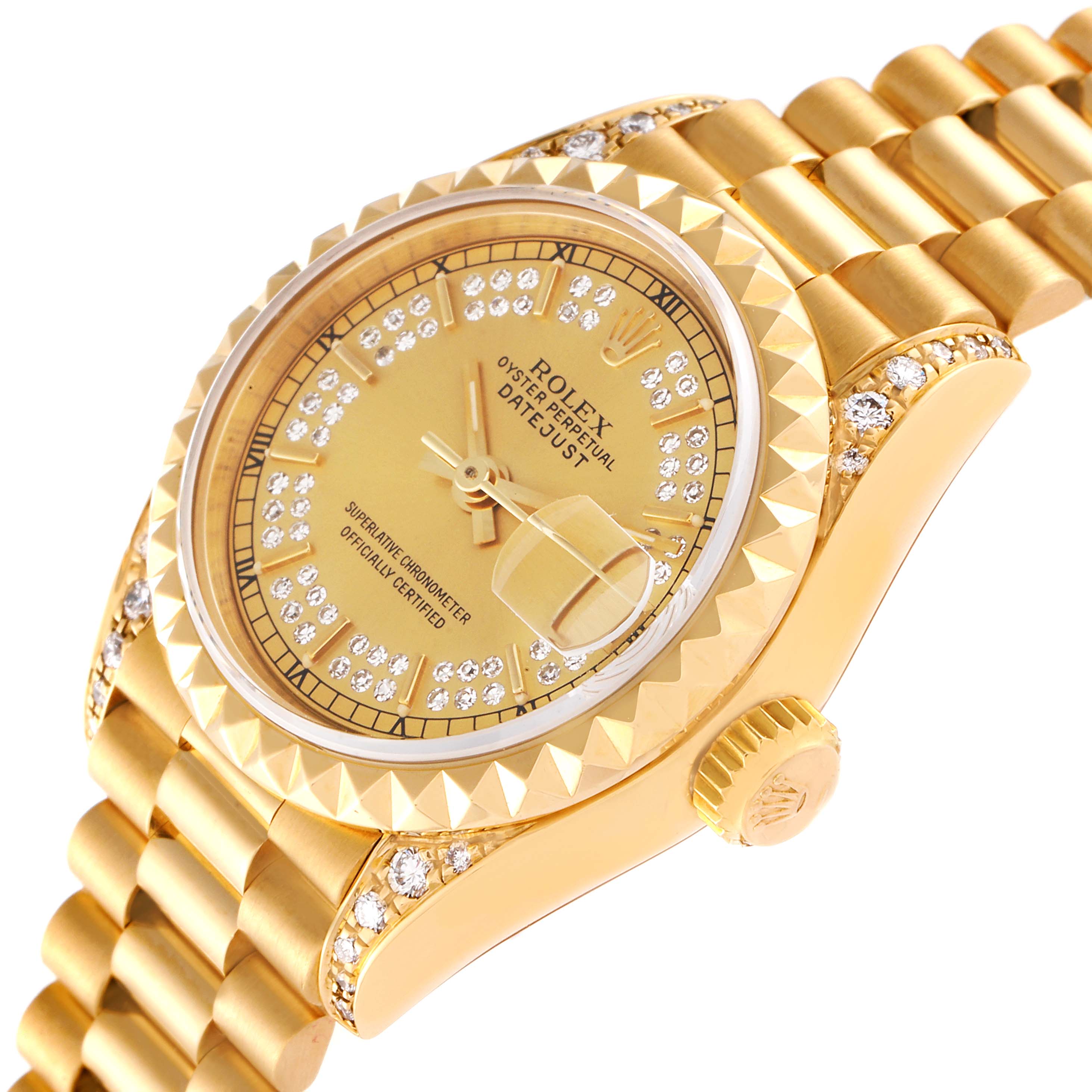The image shows a close-up angle of the Rolex President 69188 Women's Yellow Gold Champagne Dial 69188 Women's Yellow Gold Champagne Dial model watch, highlighting its face, bezel, crown, and part of the bracelet.