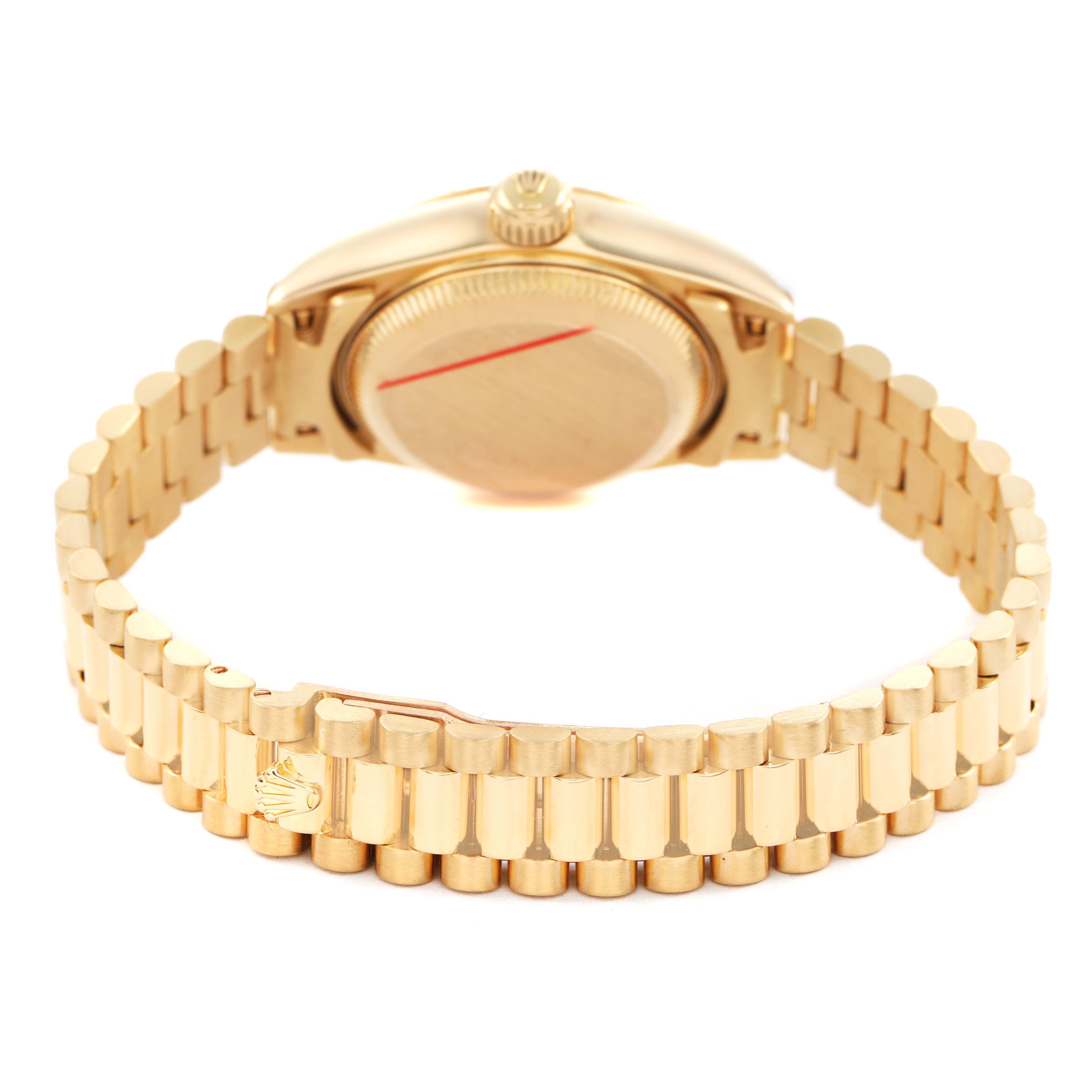 The image shows the clasp and inner bracelet of a Rolex President 69178 Women's Yellow Gold Silver Dial model watch, viewed from the back.