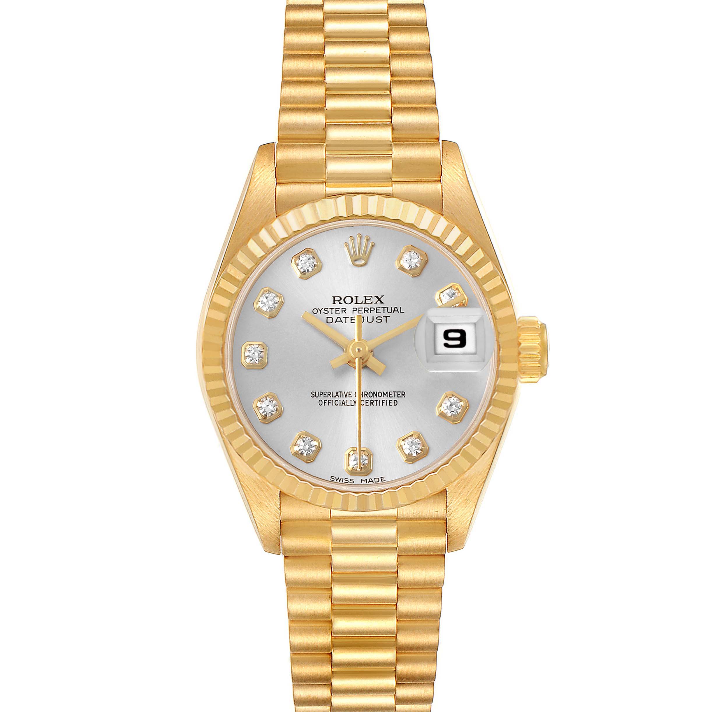 The Rolex President 69178 Women's Yellow Gold Silver Dial model is shown from a top-down angle, highlighting its gold bracelet, fluted bezel, and diamond hour markers.