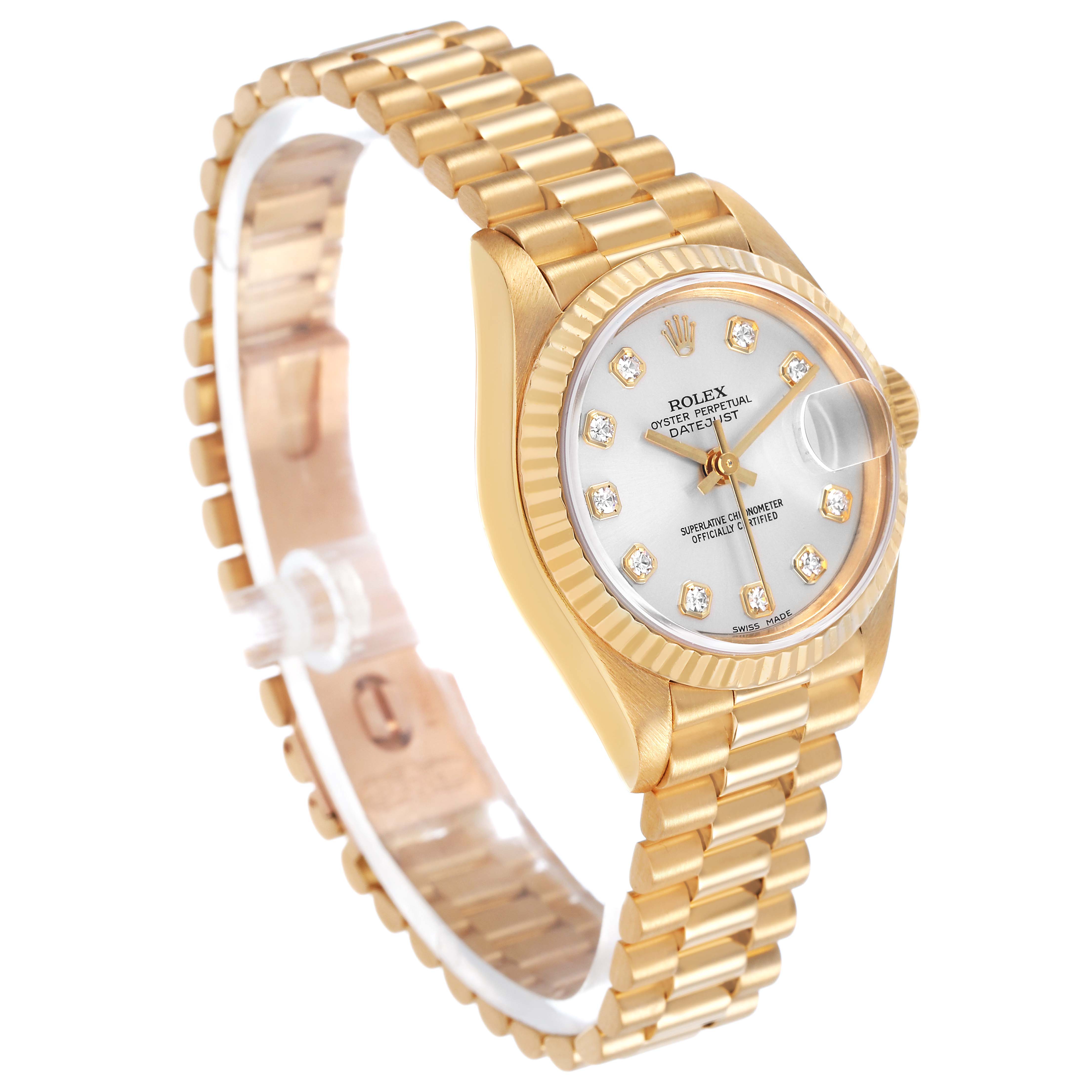 The Rolex President 69178 Women's Yellow Gold Silver Dial watch is shown at a three-quarter angle, highlighting its gold bracelet and diamond-adorned dial.