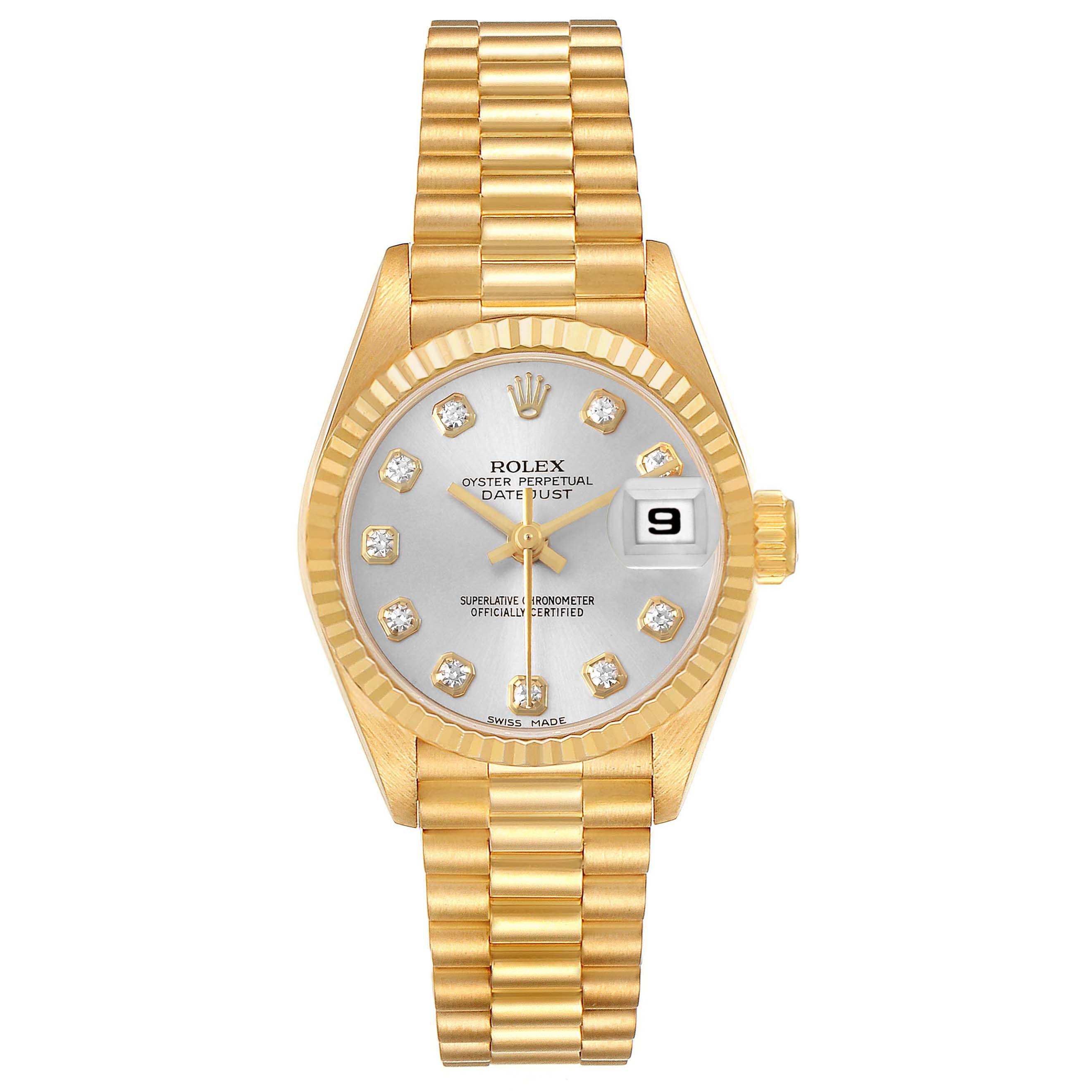 The Rolex President 69178 Women's Yellow Gold Silver Dial model watch is shown from the front, displaying the face, bezel, and bracelet.