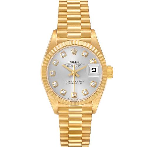 The Rolex President 69178 Women's Yellow Gold Silver Dial model is shown from a front angle, highlighting the dial, fluted bezel, and bracelet.