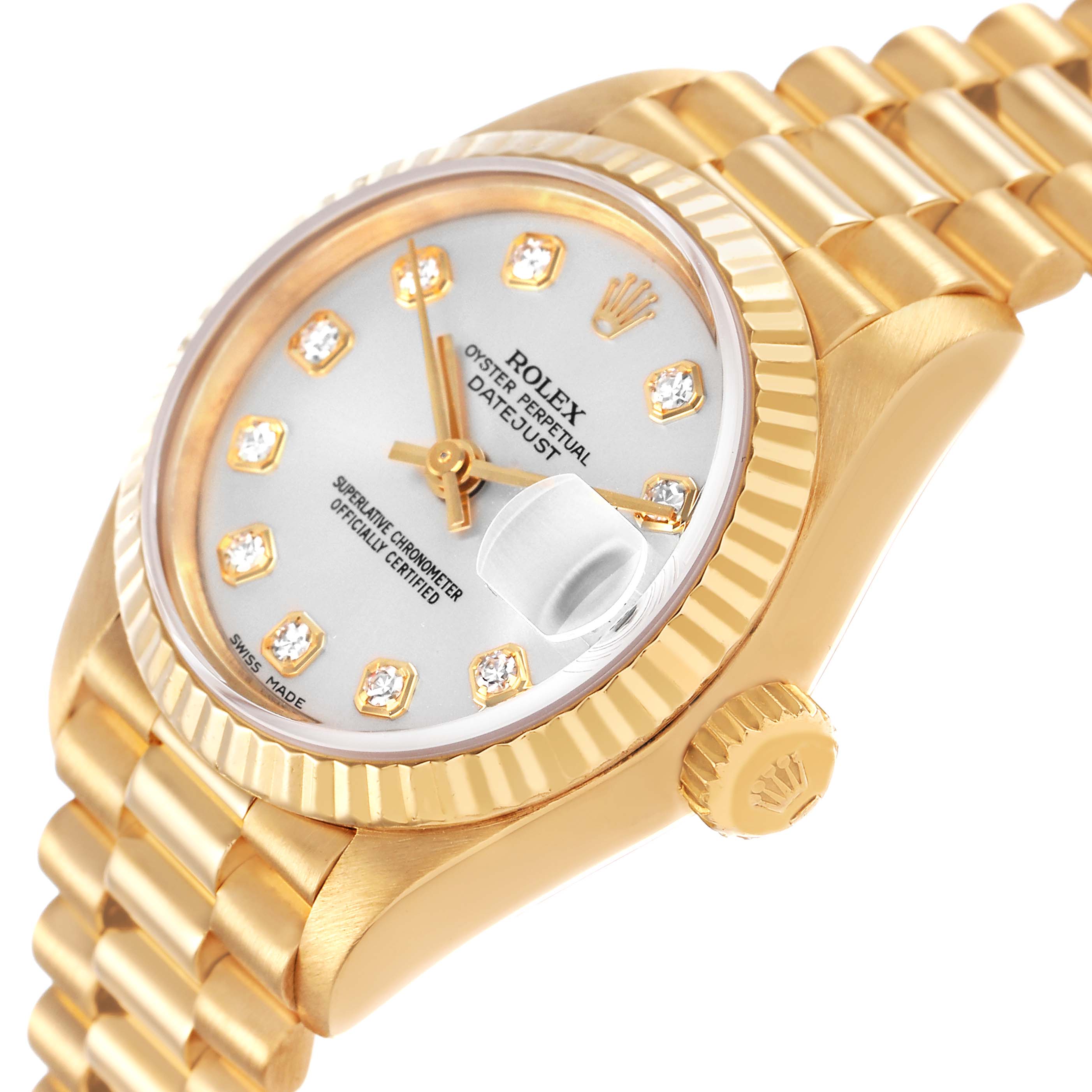 The Rolex President 69178 Women's Yellow Gold Silver Dial watch is shown at an angle highlighting the gold bracelet, diamond markers, and fluted bezel.