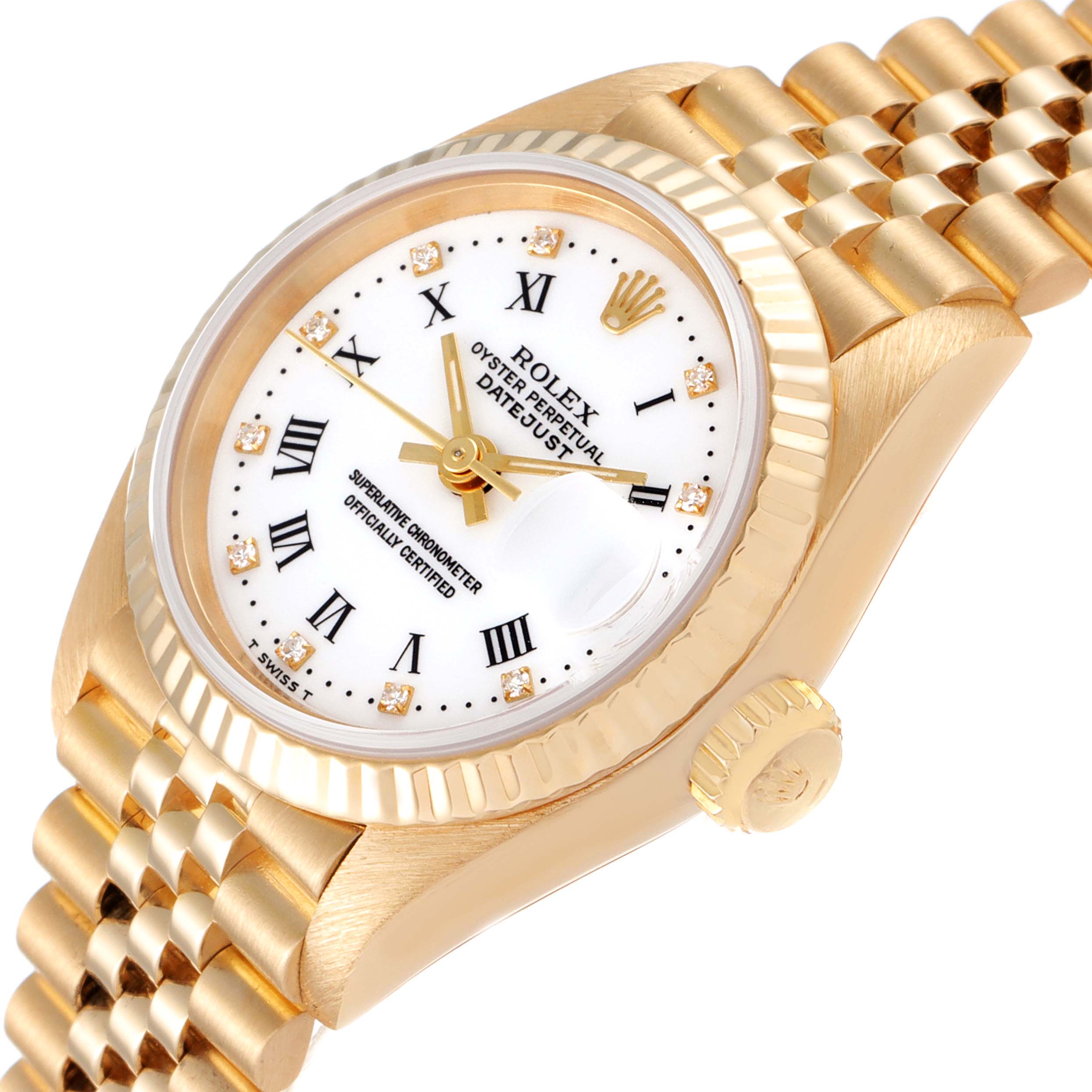 The image shows a close-up angled view of the face, crown, and gold bracelet of a Rolex President 69178 Women
s Yellow Gold White Dial 69178 Women
s Yellow Gold White Dial Datejust watch.
